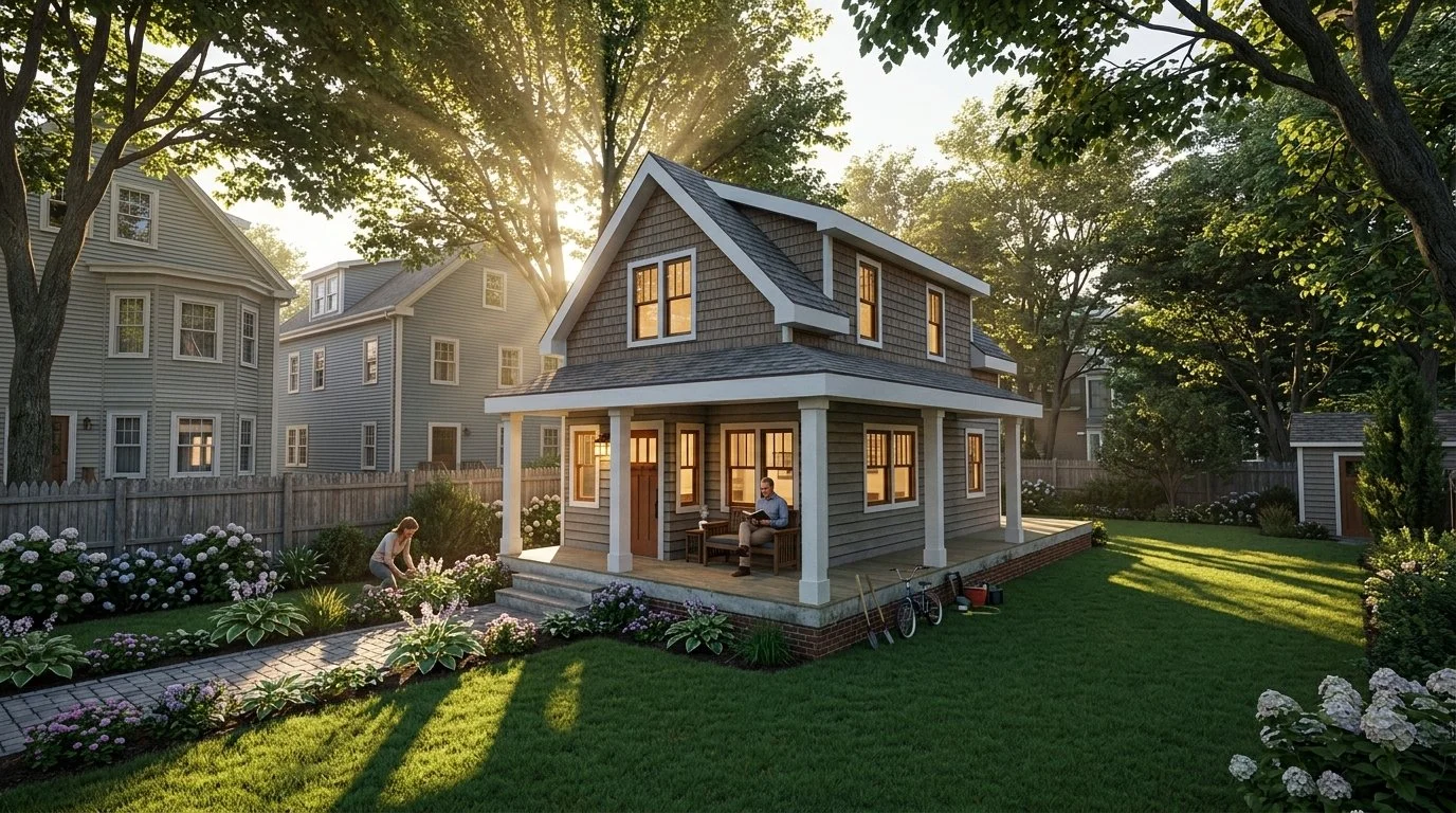 A cozy ADU Accessory Dwelling Unit) house with a front porch in a suburban neighborhood, the sun setting behind trees, a woman gardening, and a man sitting on the porch reading. Porchlight.