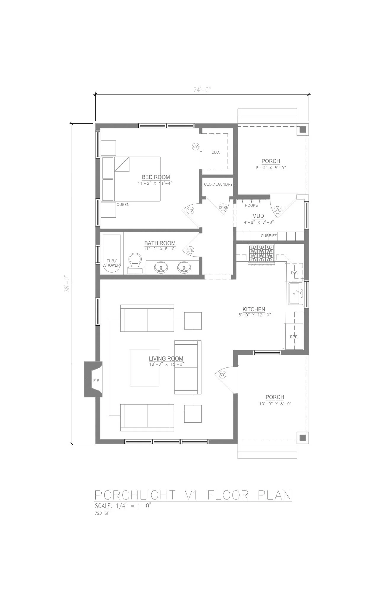 Architectural floor plan for a porchlight model with dimensions, including a living room, kitchen, bathroom, bedroom, mudroom, and porches. ADU. Accessory Dwelling Unit. Porchlight.
