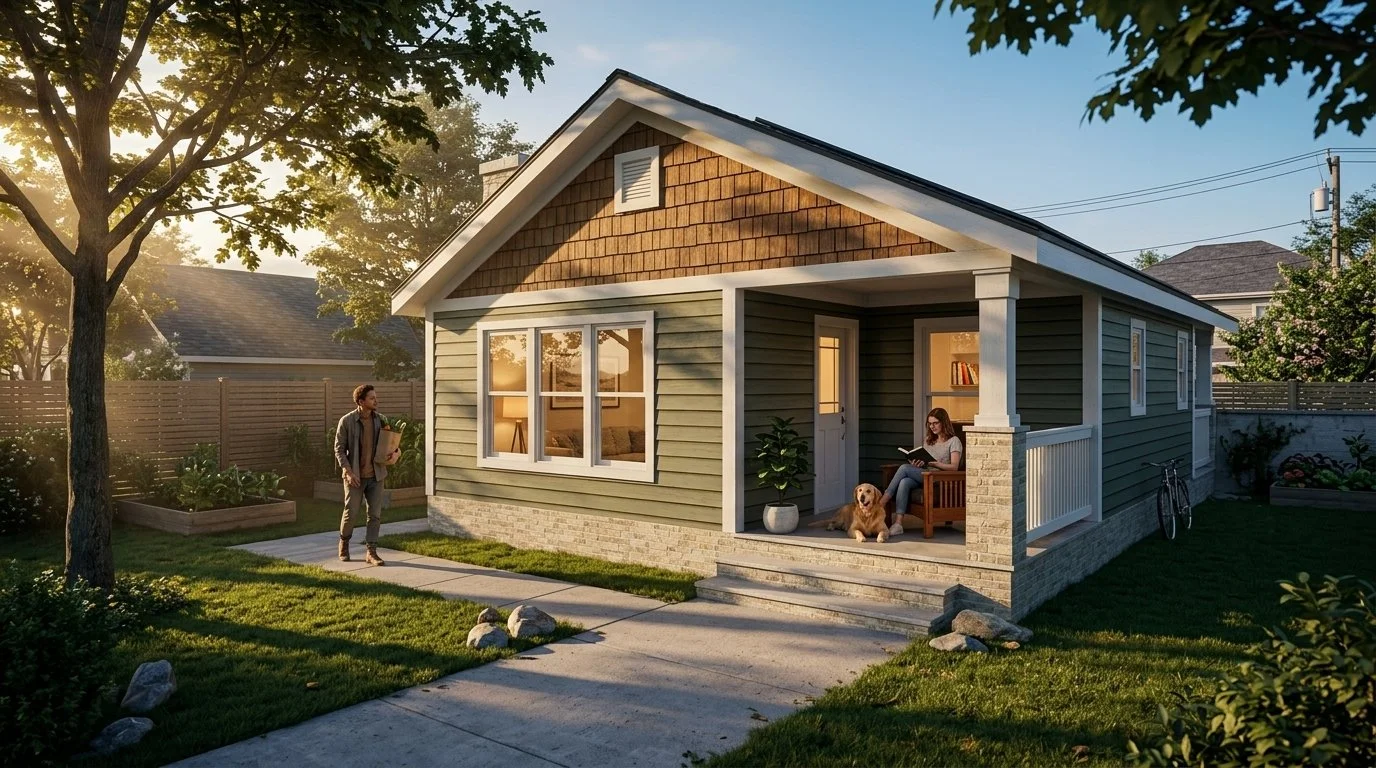 A cozy house in a suburban neighborhood during sunset with two people, a woman sitting on the front porch reading a book with a dog beside her, and a man walking with flowers. ADU. Accessory Dwelling Unit.
