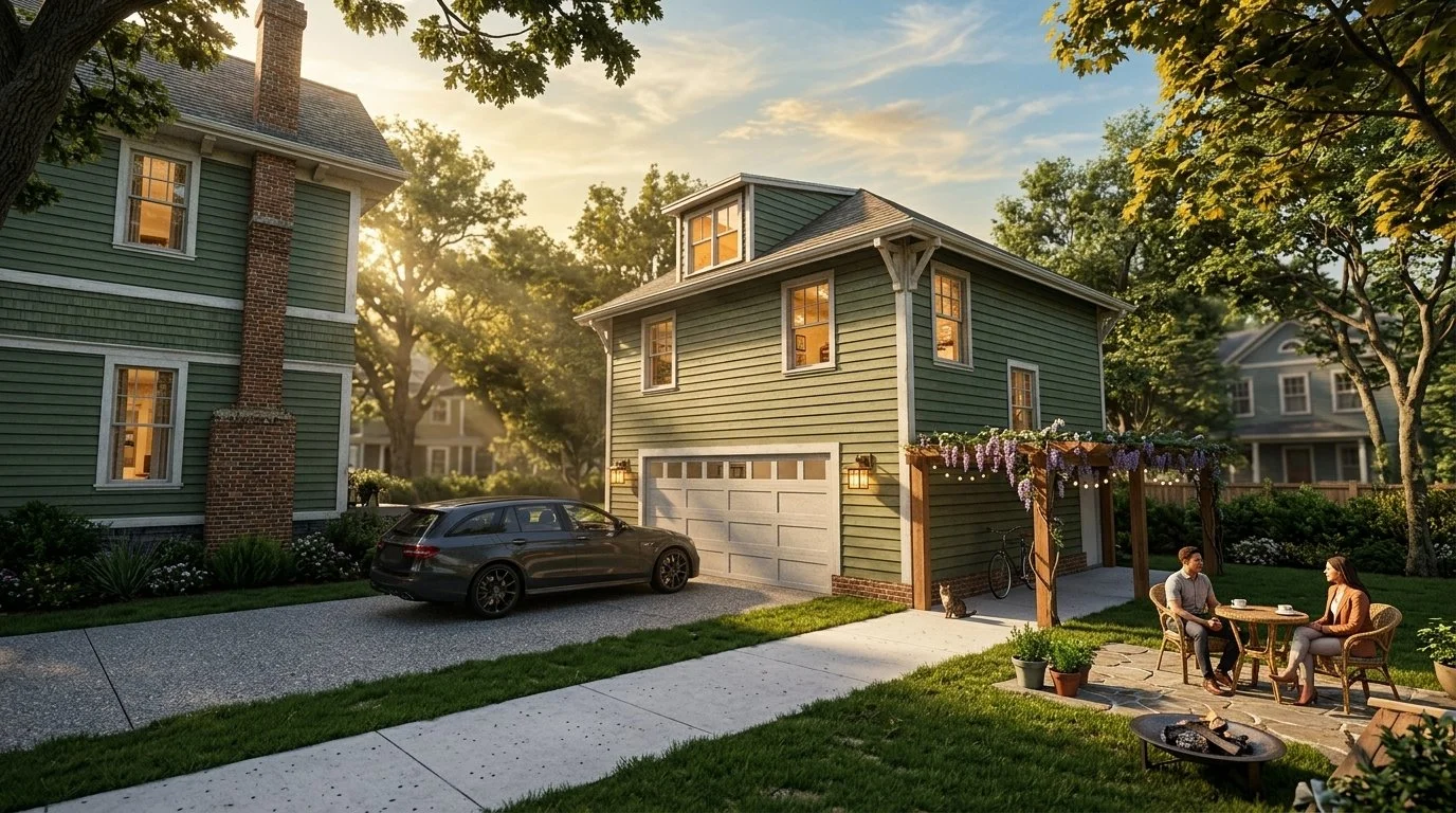 A suburban home with a green exterior, a driveway with a car, and a backyard patio where two people are sitting at a table. ADU. Accessory Dwelling Unit. Porchlight.