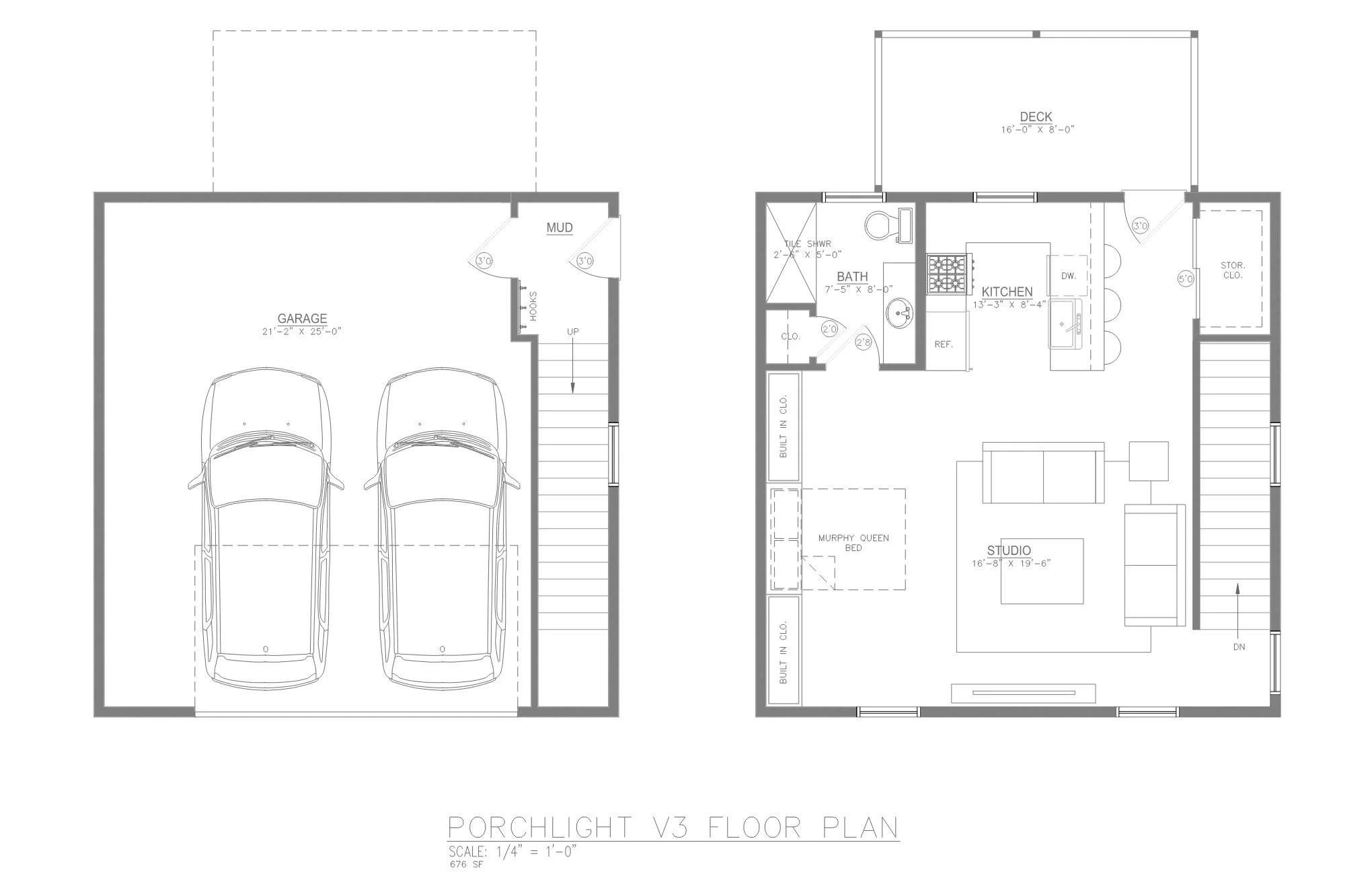 Floor plan showing a garage with two cars, a mudroom, a staircase, bathroom, kitchen, living area, and a deck outside. ADU. Accessory Dwelling Unit. Porchlight.