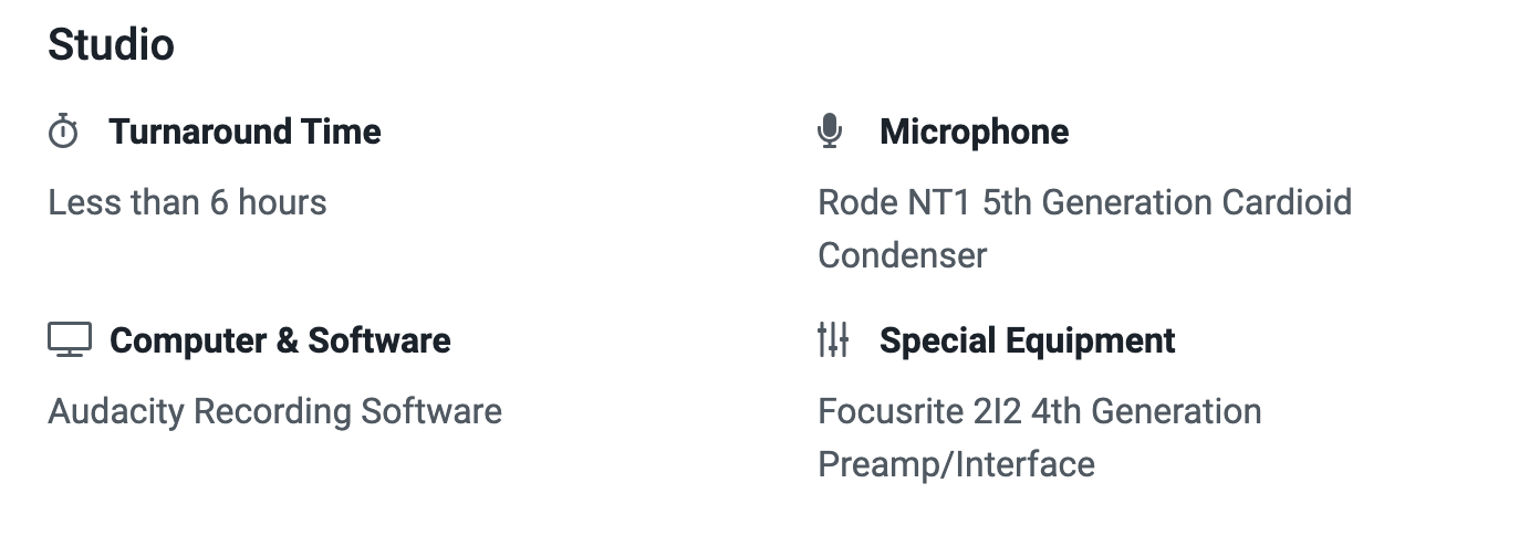 Text-based interface displaying studio equipment details, including turnaround time less than 6 hours, Rode NT1 5th Generation cardioid condenser microphone, Audacity recording software, and Focusrite 2i2 4th Generation preamp/interface.