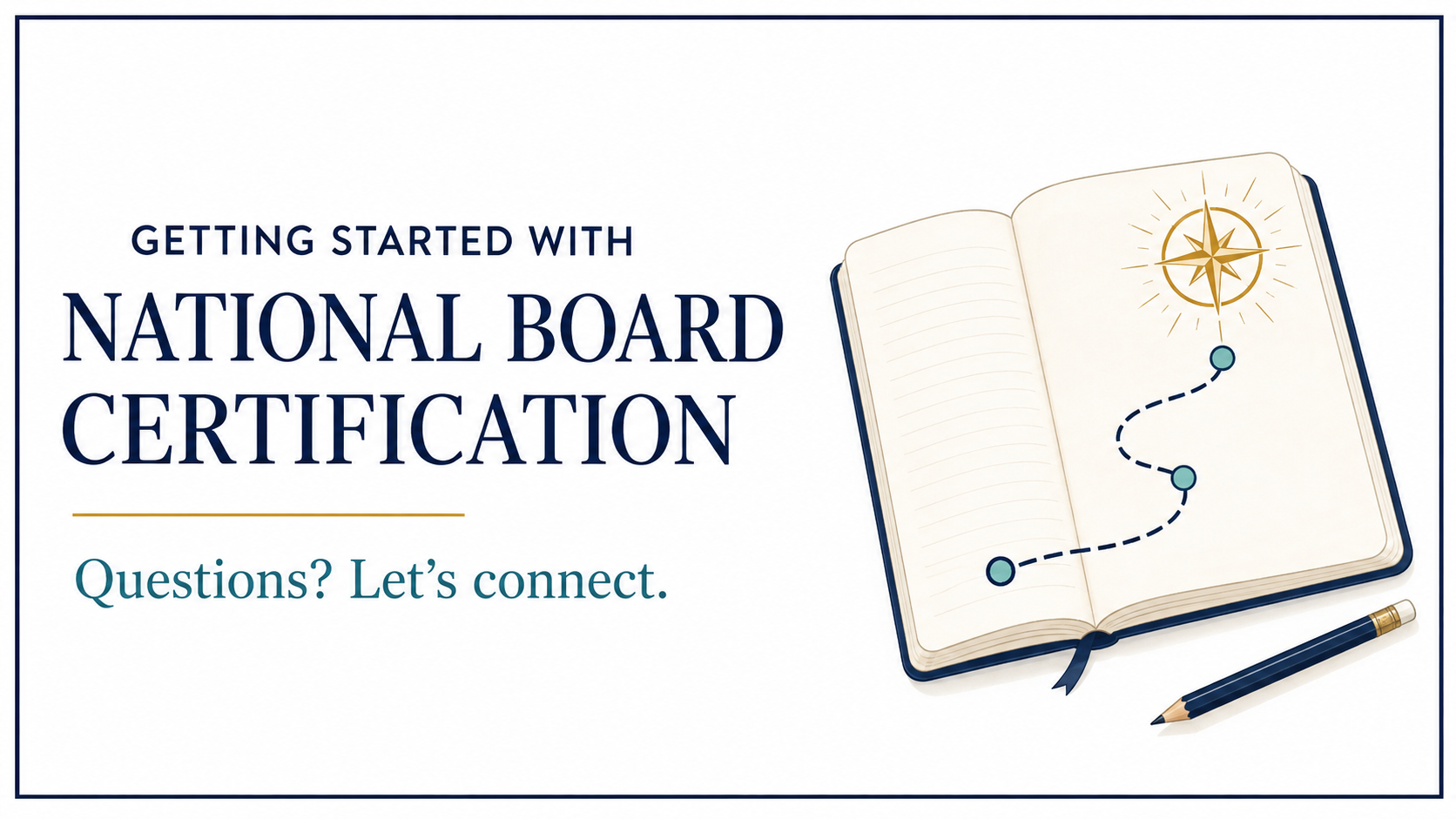 Opening slide for a presentation titled "Getting Started with National Board Certification" featuring an illustration of an open book with a dotted path, a compass rose at the top right, and a pen placed on the surface.