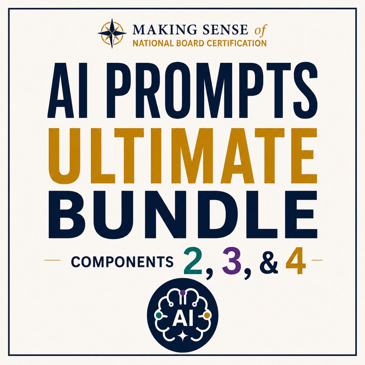 Cover image for 'Making Sense of AI Prompts ULTIMATE Bundle' featuring components 2, 3, and 4, with a compass icon and a brain with 'AI' inside.