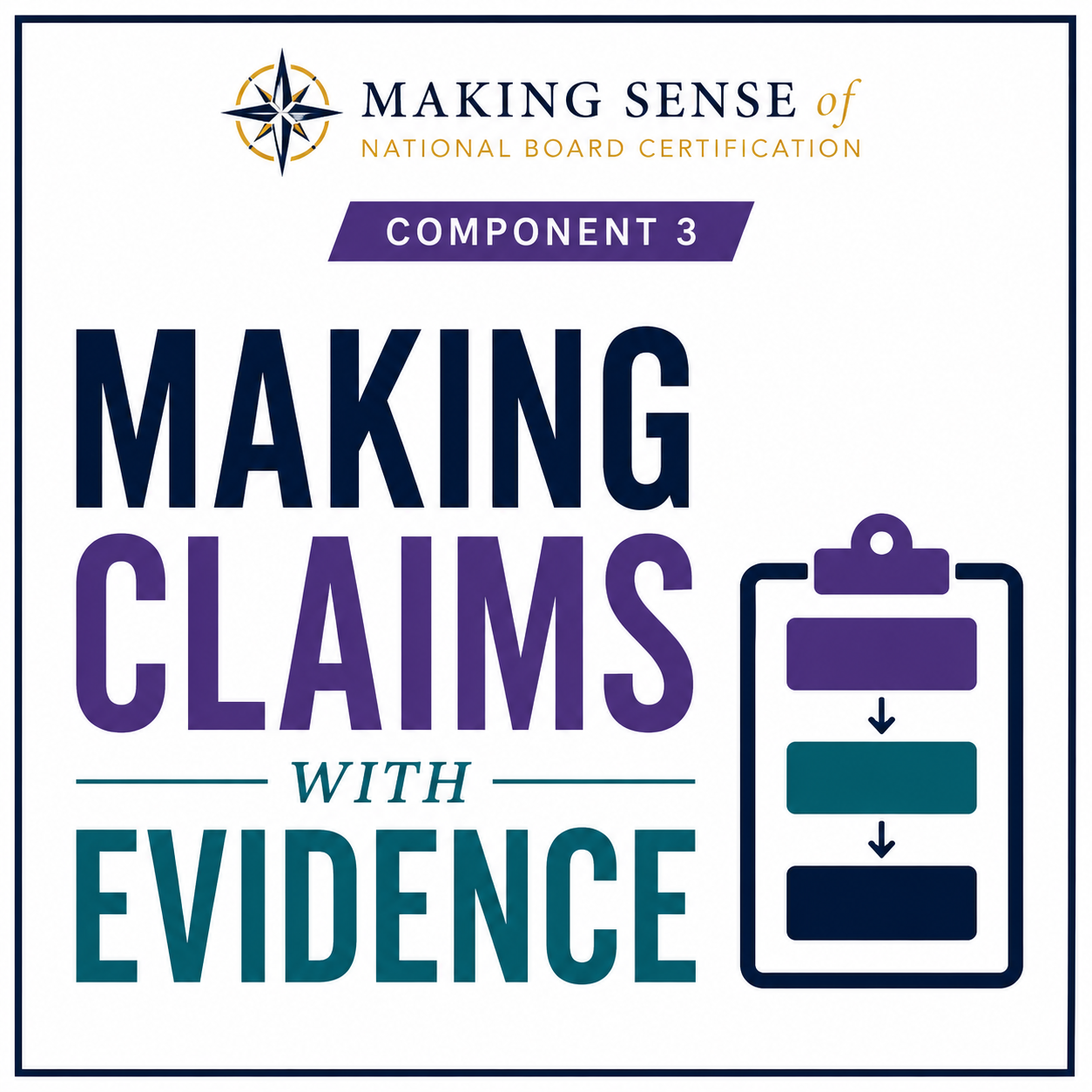 Book cover titled 'Making Sense of National Board Certification, Component 3: Making Claims with Evidence,' featuring a compass logo and a diagram of a flowchart.