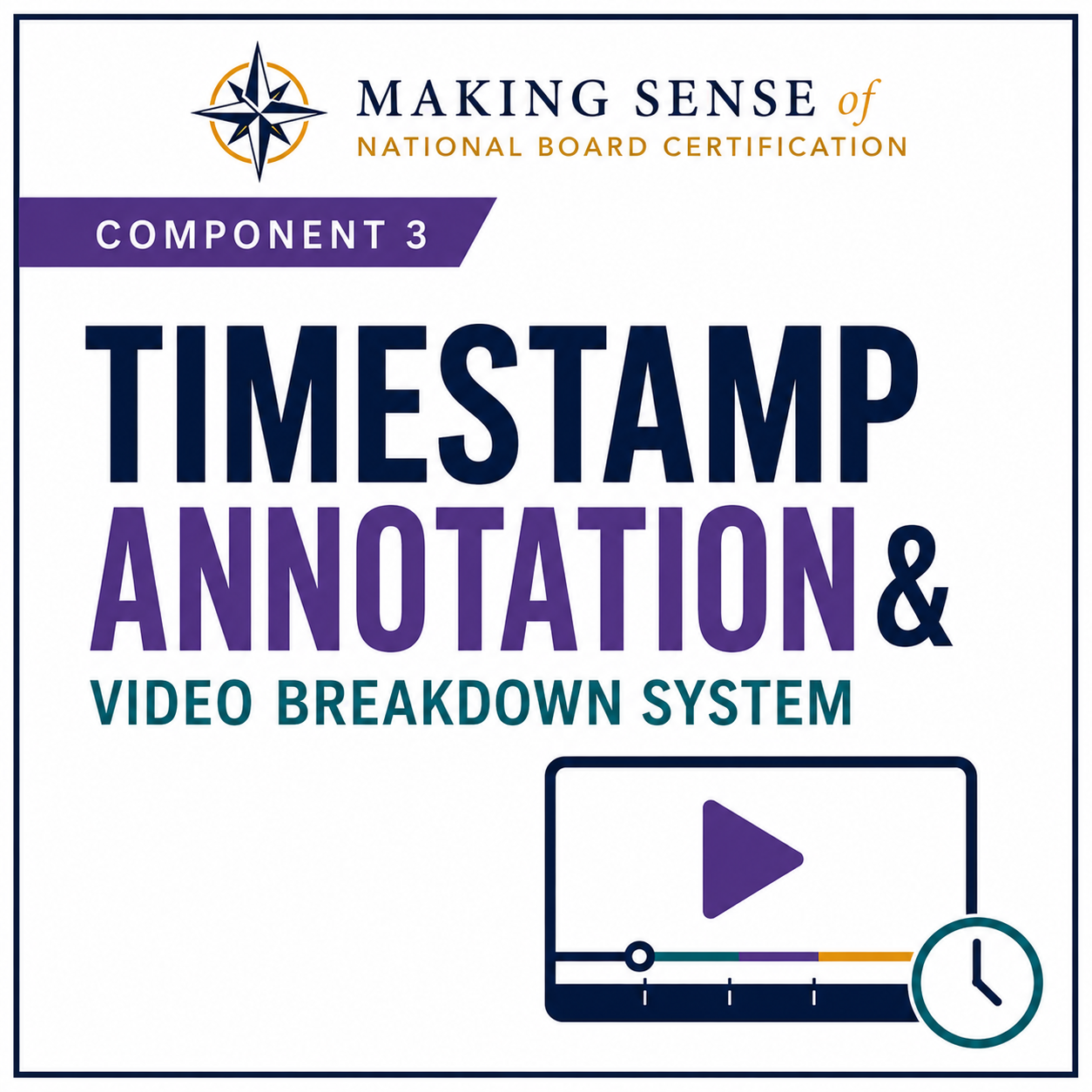 Cover of a training course titled "Making Sense of National Board Certification: Component 3 Timestamp Annotation & Video Breakdown System." The cover features a logo with a compass at the top left and a small video player icon with a clock symbol at the bottom right.