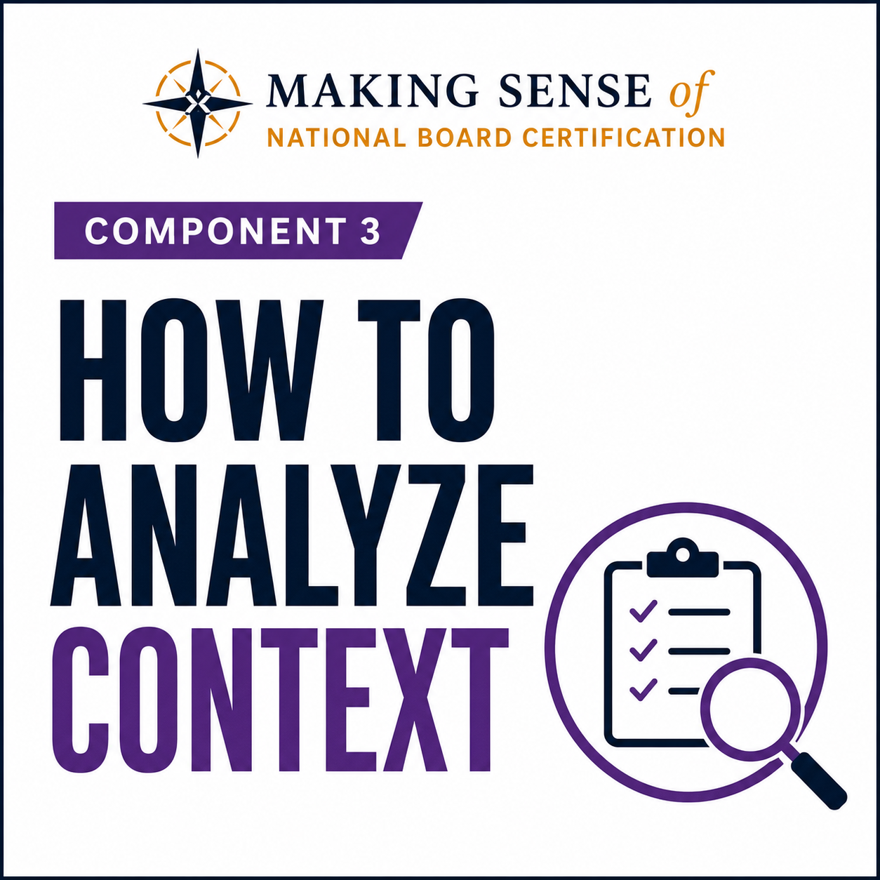 Cover page titled 'Making Sense of National Board Certification. Component 3: How to Analyze Context,' with a compass logo at the top and an icon of a magnifying glass over a checklist at the bottom right.