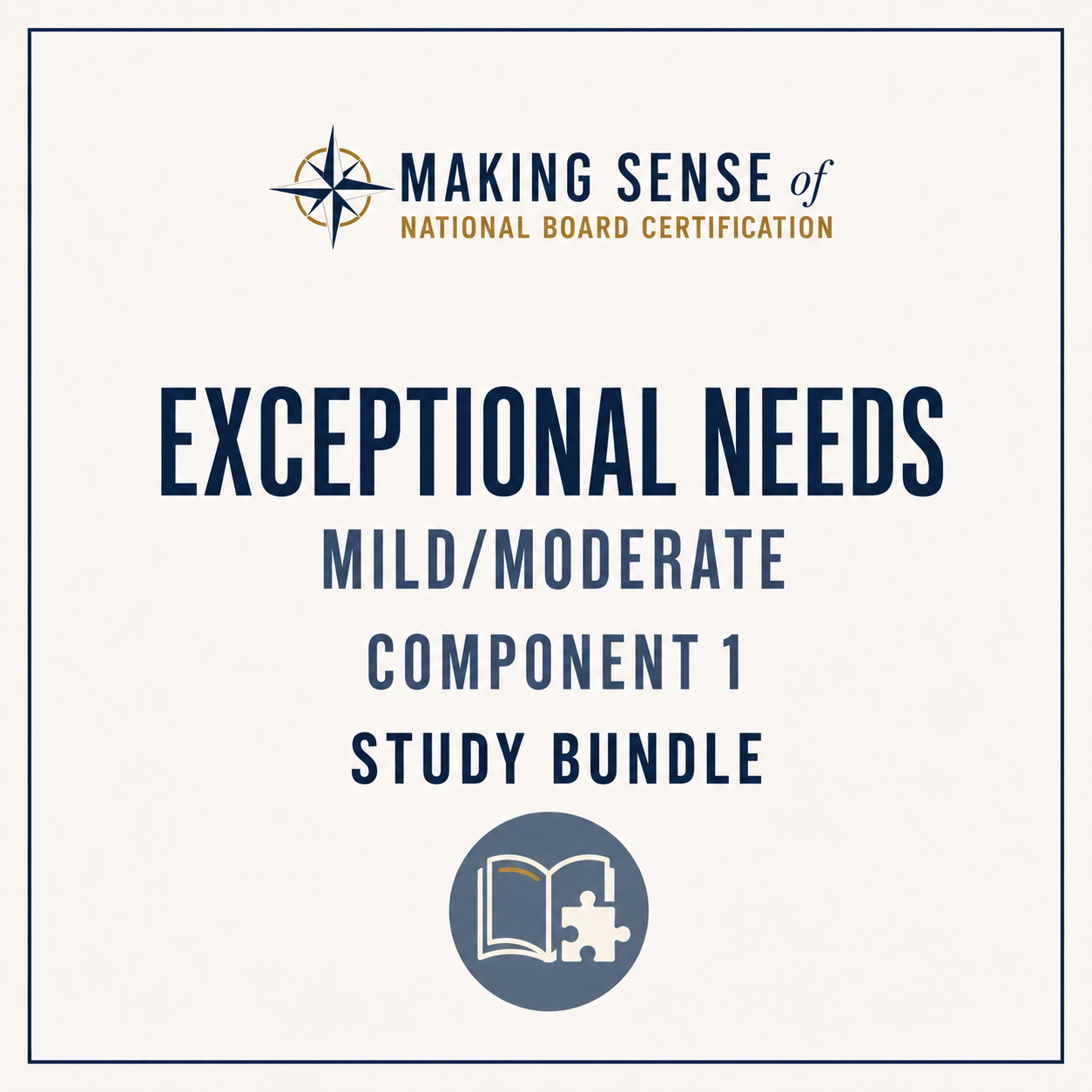 A digital certificate mockup for the 'Making Sense of National Board Certification' course, indicating the 'Exceptional Needs' component, rated as mild/moderate, part of a study bundle, with a logo of an open book and puzzle piece.