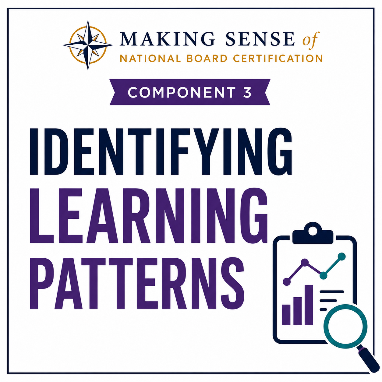 A cover page with a title to make sense of national board certification. The title is "Component 3: Identifying Learning Patterns" in bold and purple fonts, along with a graphic of a magnifying glass over a report showing trend lines and bar graphs. There is also a compass logo at the top left corner and a border framing the page.