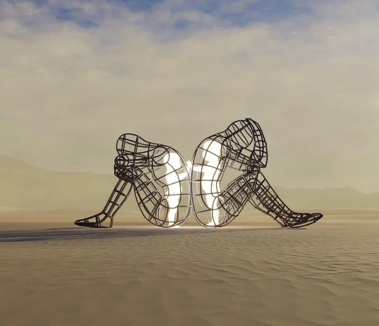 LOVE &mdash; Alexander Milov, 2015 

&ldquo;It shows the conflict between a man and a woman, as well as the external and internal expression of human nature,&rdquo; said Milov.

Two figures sit back to back, their wire-frame bodies carrying the postu