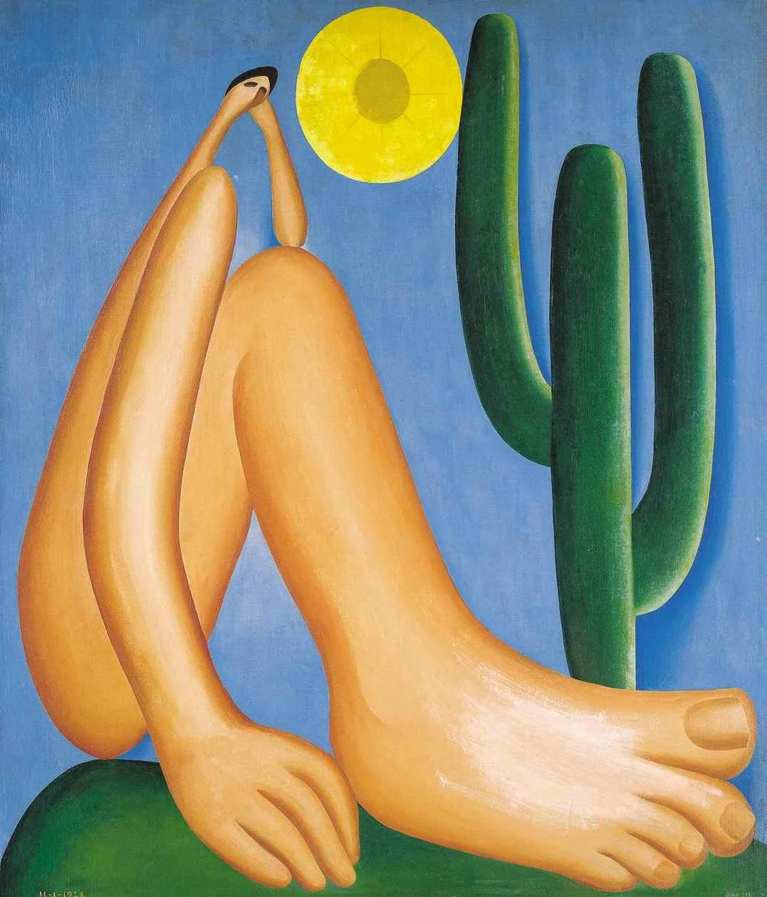 A surreal painting depicting elongated human limbs, a yellow sun, a green cactus, and a blue sky.