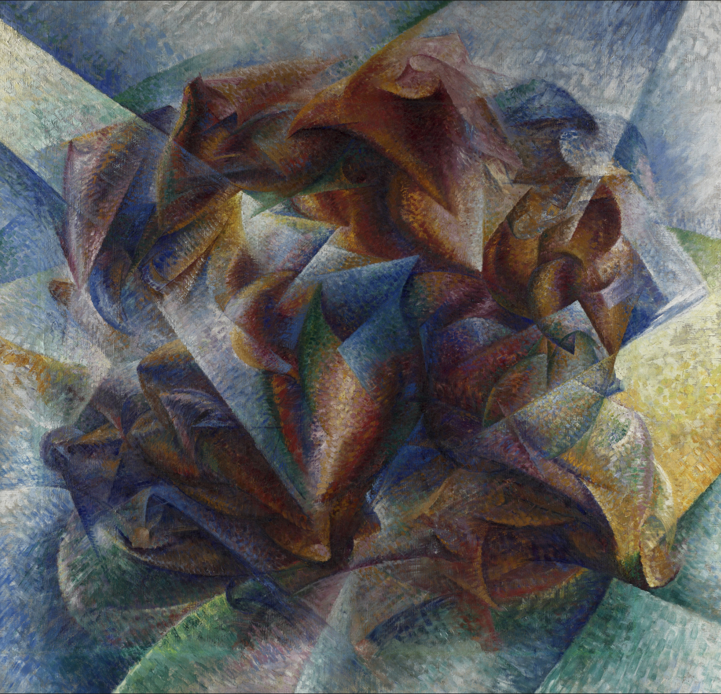 An abstract painting with multicolored, overlapping, geometric shapes and textured brushstrokes.