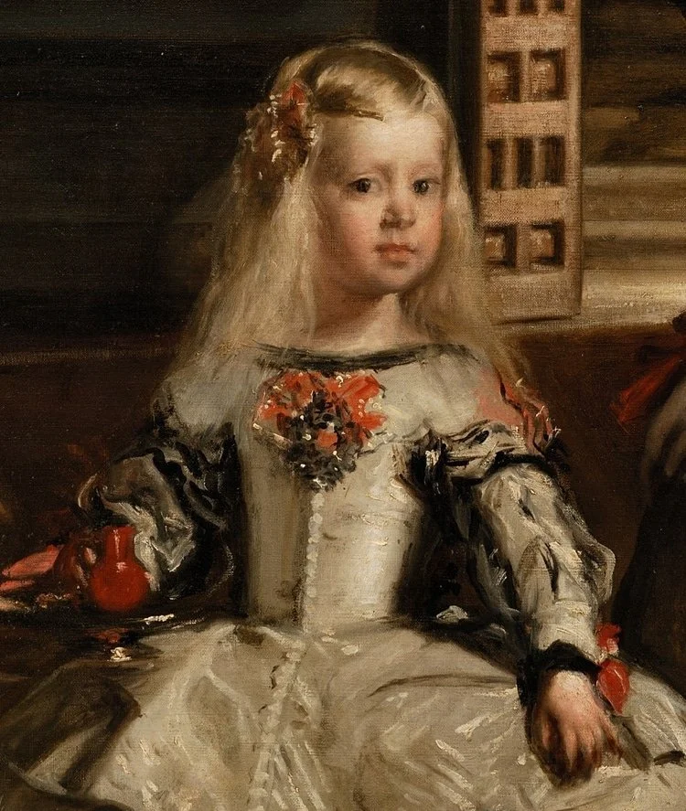 "Velázquez's royal court scene with a young princess, her attendants, and the artist painting at his easel"