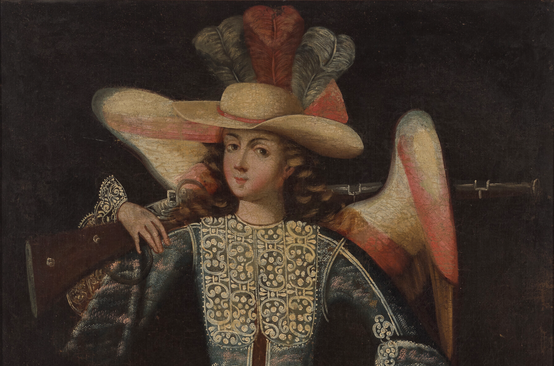 "Colonial-era painting of a winged angel dressed in aristocratic clothing, holding a musket"
