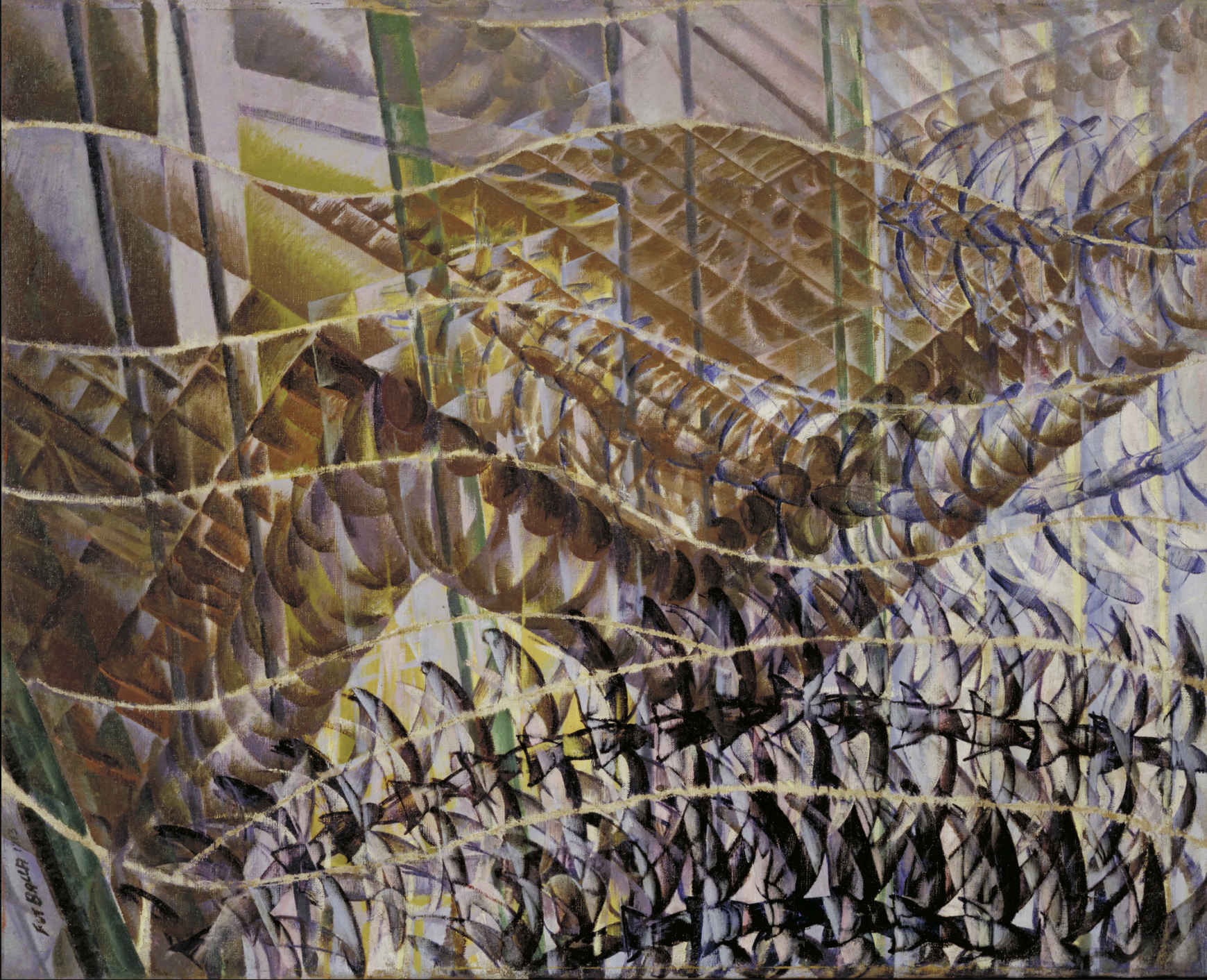 Abstract painting with overlapping semi-circular shapes in shades of brown, yellow, purple, and green, creating a layered, textured appearance.