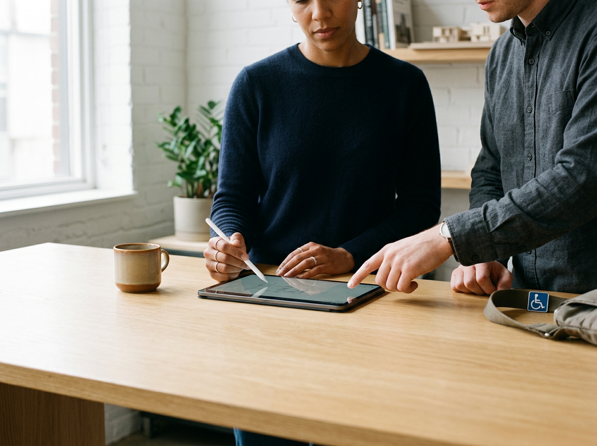 Two people standing at a wooden table, one using a stylus on a digital tablet, with a coffee mug and a wheelchair accessible badge on the table.
