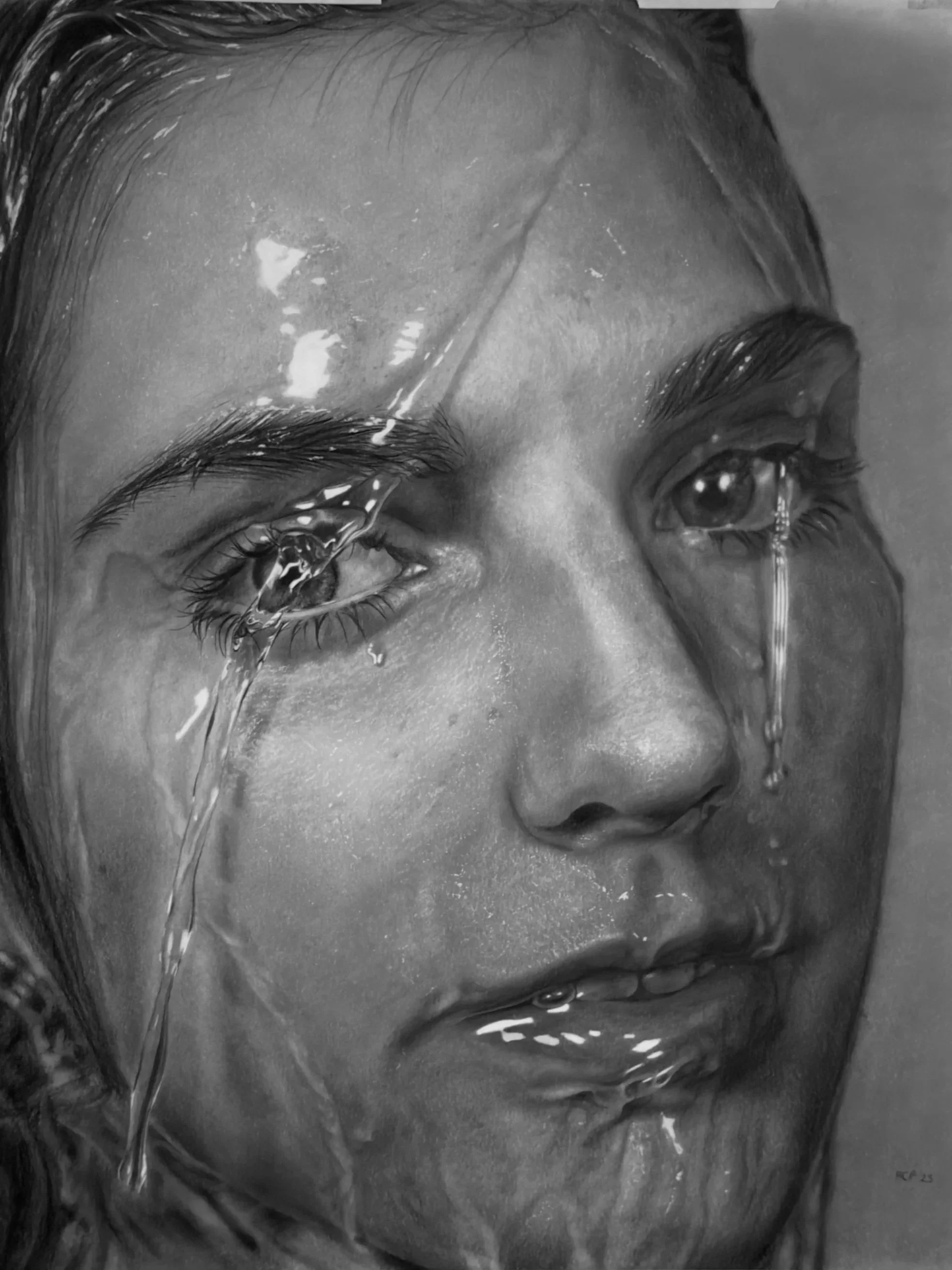 Close-up of a graphite drawing of a woman's face with water streaming down, highlighting her forehead, eyebrows, and eyes, in black and white.