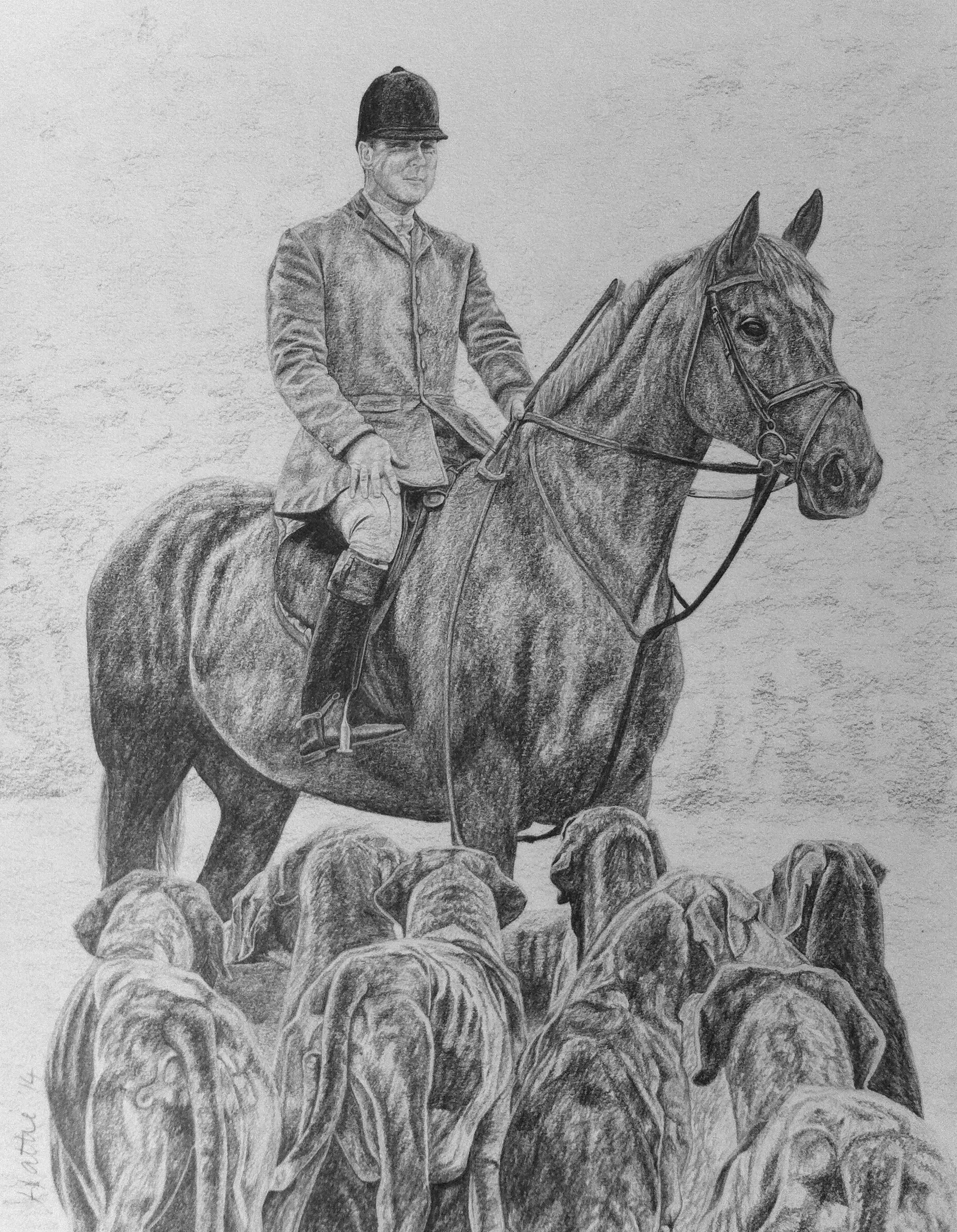 A pencil drawing of a huntsman on a horse surrounded by hounds