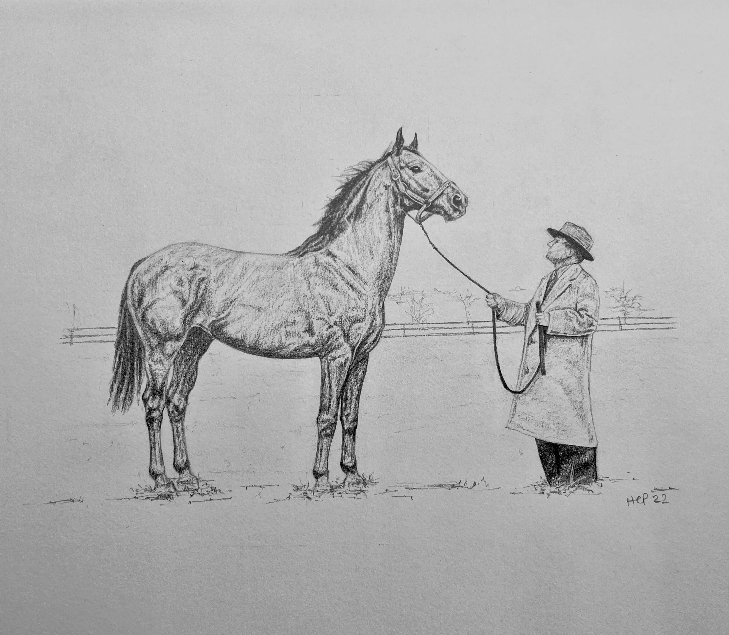 A detailed pencil sketch of a man in a coat and hat holding a lead rope, standing next to a large, muscular horse with a bridle. The background shows a fence and a few trees, suggesting an outdoor setting.
