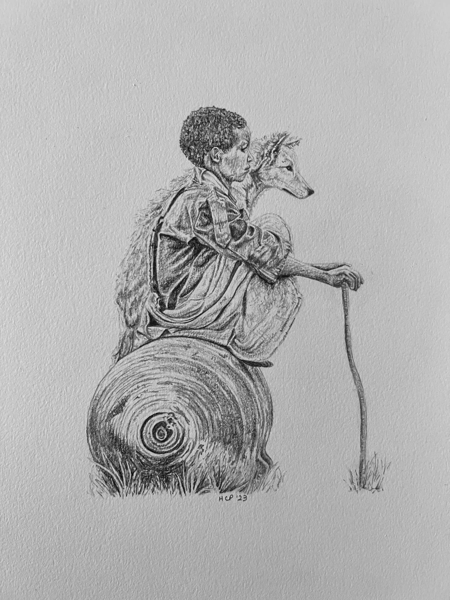 A detailed pencil sketch of a child with curly hair riding on a large tree stump, accompanied by a dog, with a walking stick in hand, against a plain background.