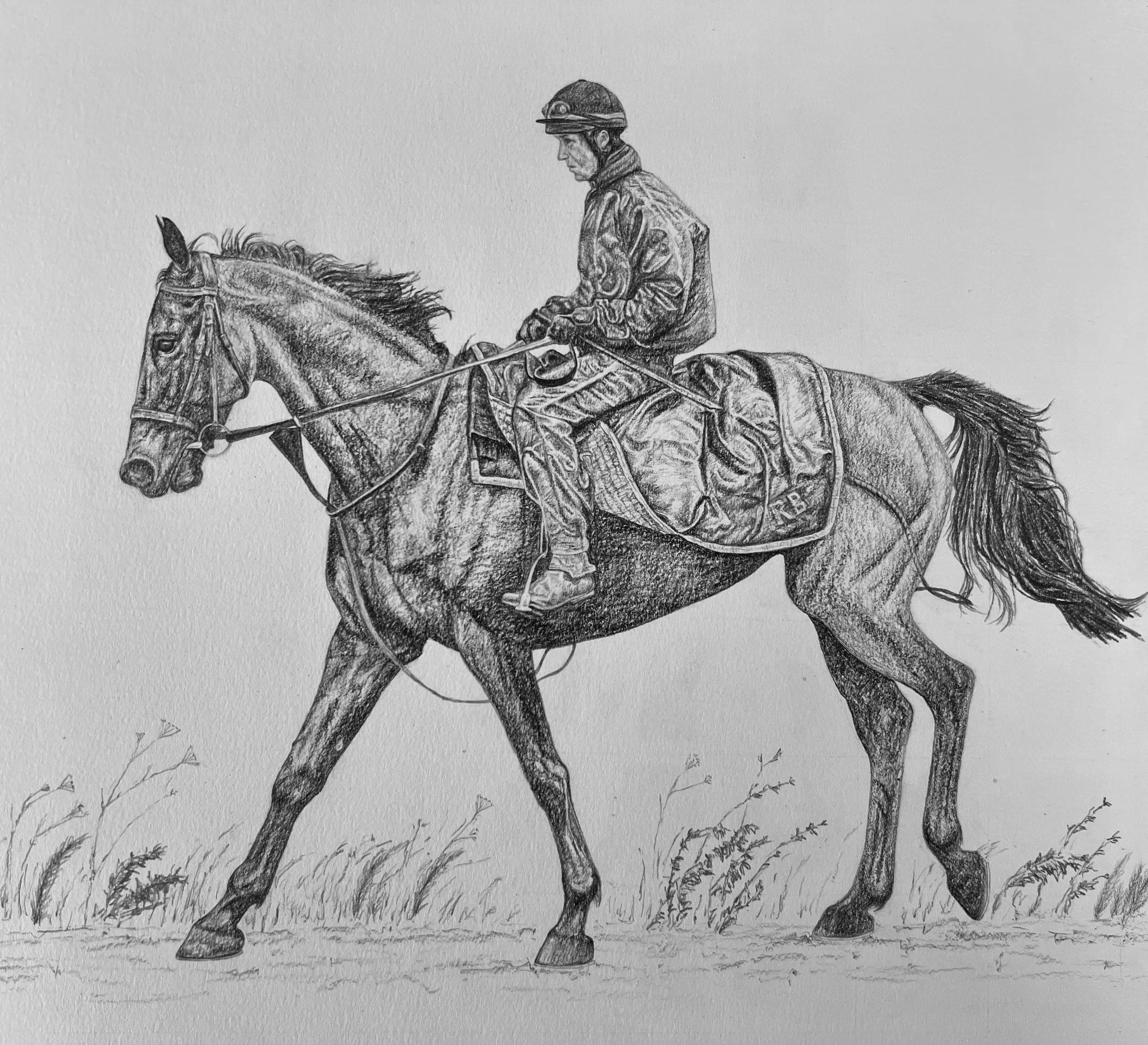 A detailed black and white sketch of a man riding a galloping horse with a grassy background.