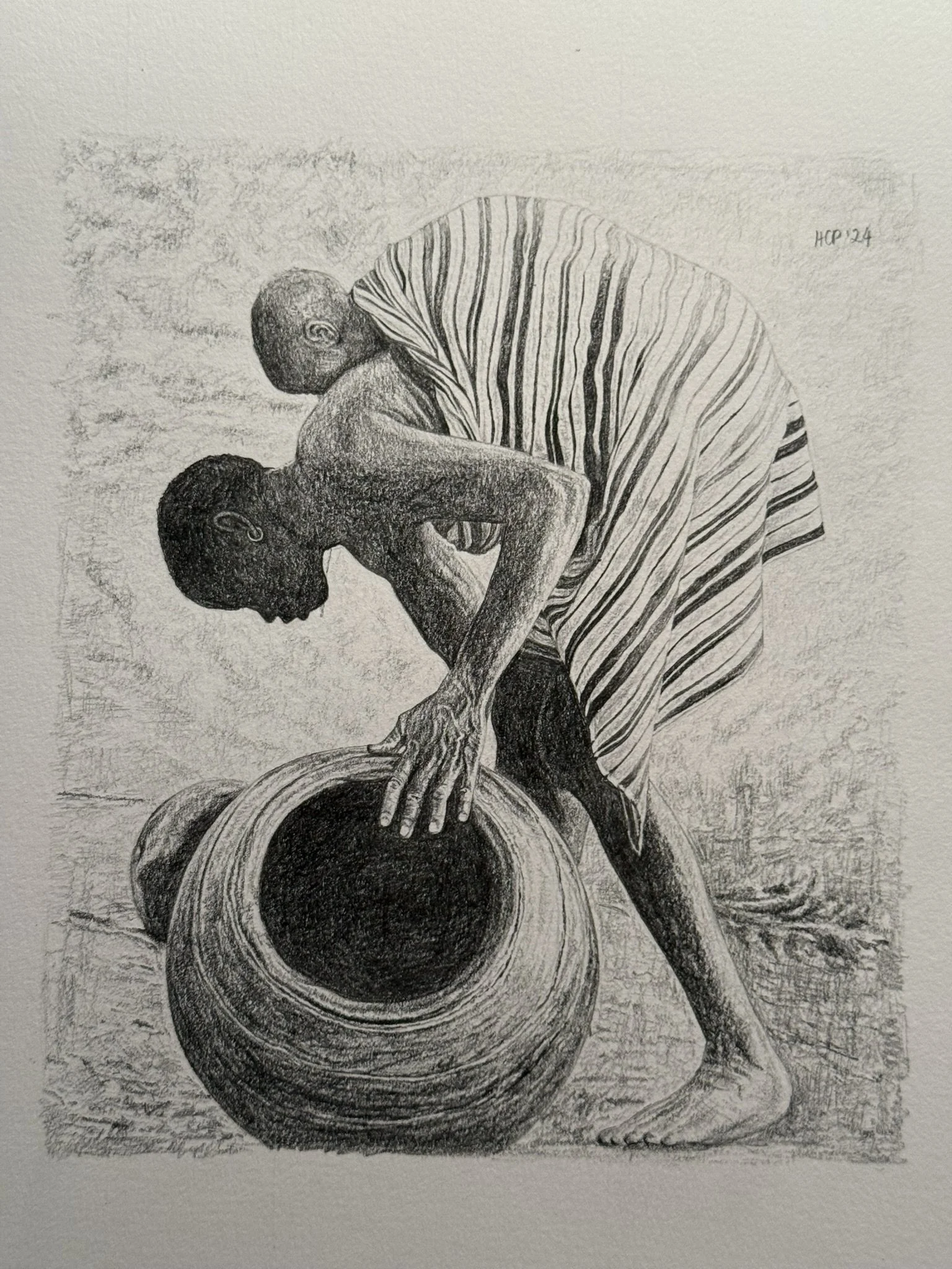 A detailed black and white pencil drawing of a woman in a striped traditional African dress, leaning into a large, open clay pot. The background shows a simple landscape with trees and a clear sky.
