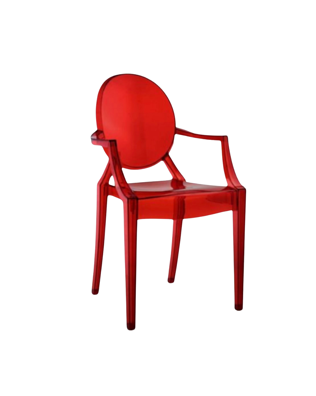 Red acrylic chair with oval backrest and armrests, isolated on black background.