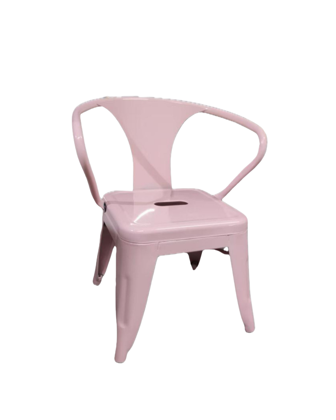 A pink plastic chair with a unique design, featuring a rounded backrest and a small opening on the seat.