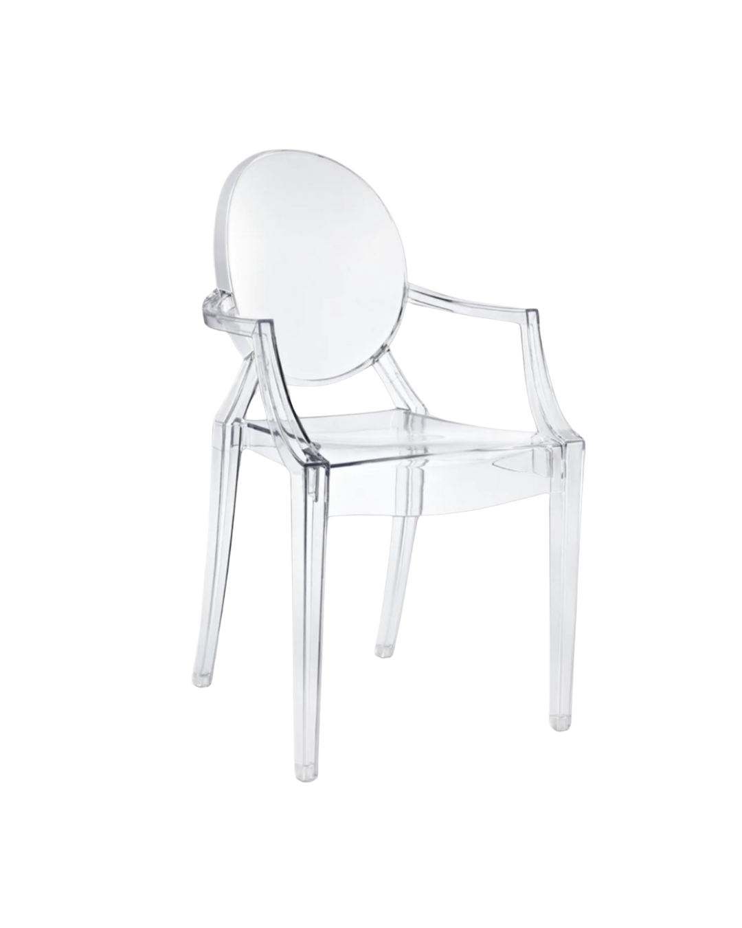 A clear acrylic chair with a round white backrest and armrests.
