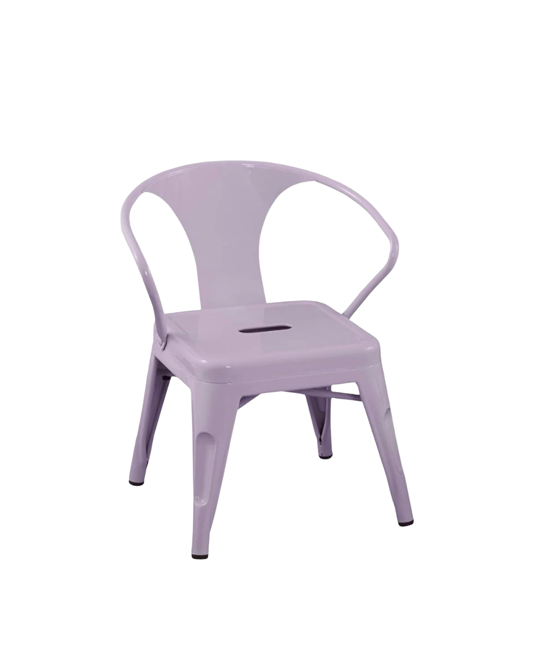 Lavender metal chair with a rounded backrest and a slot on the seat, isolated on black background.