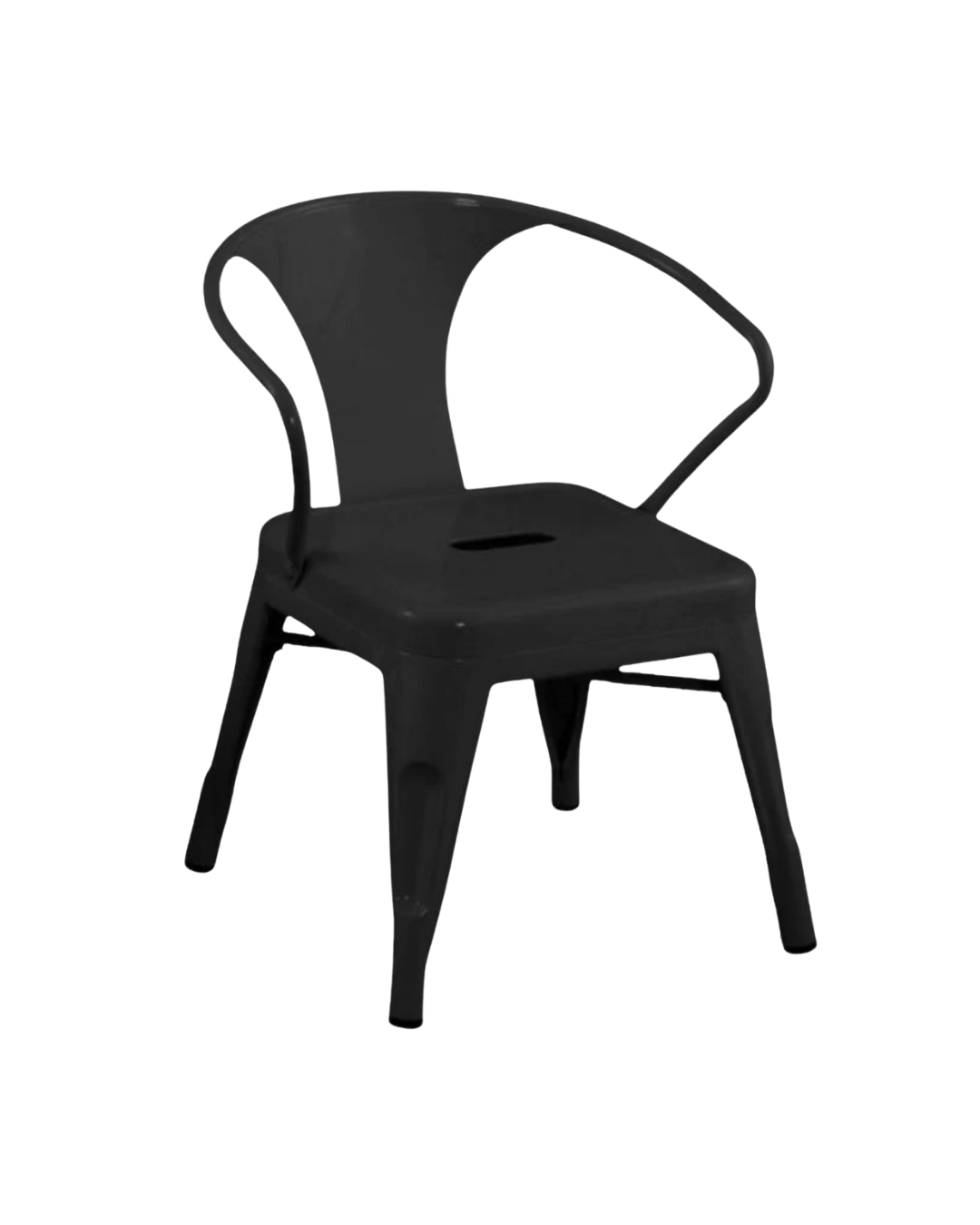Black plastic chair with armrests and a slotted seat, isolated on transparent background.