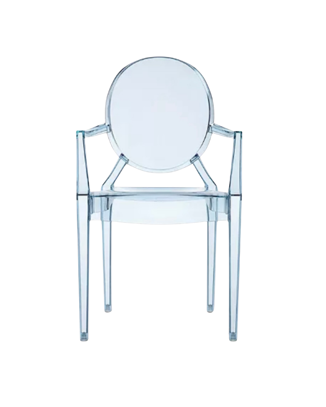 Clear acrylic chair with oval backrest and armrests, positioned against a plain background.