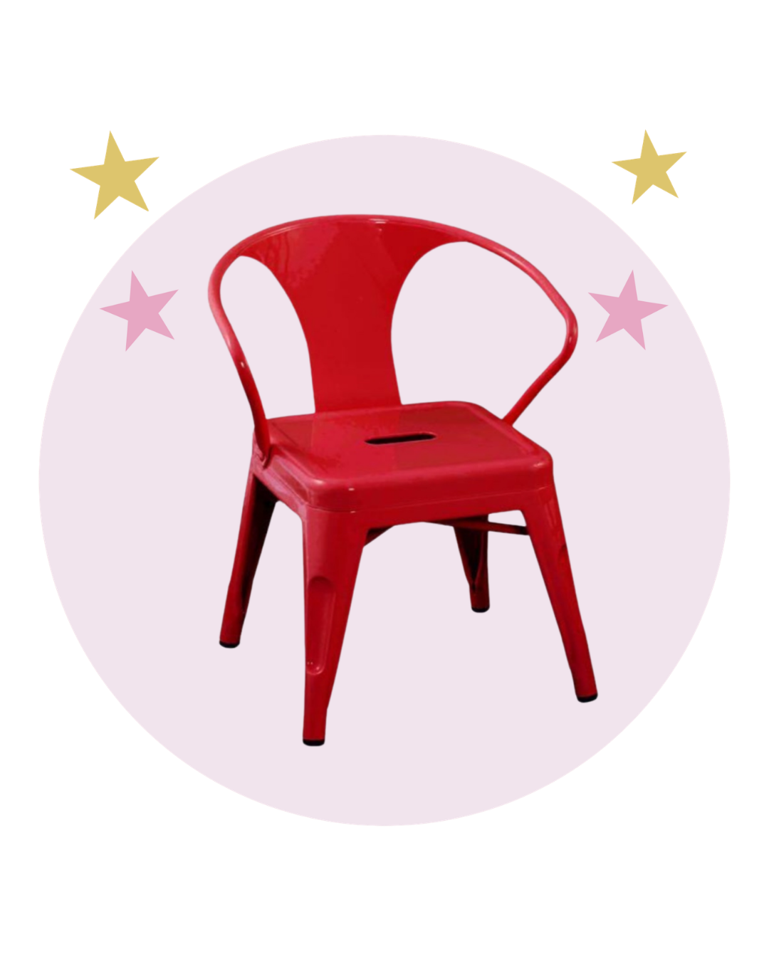 Red metal chair with a rounded backrest and armrests showing a slot on the seat, set against a pink background with decorative stars.