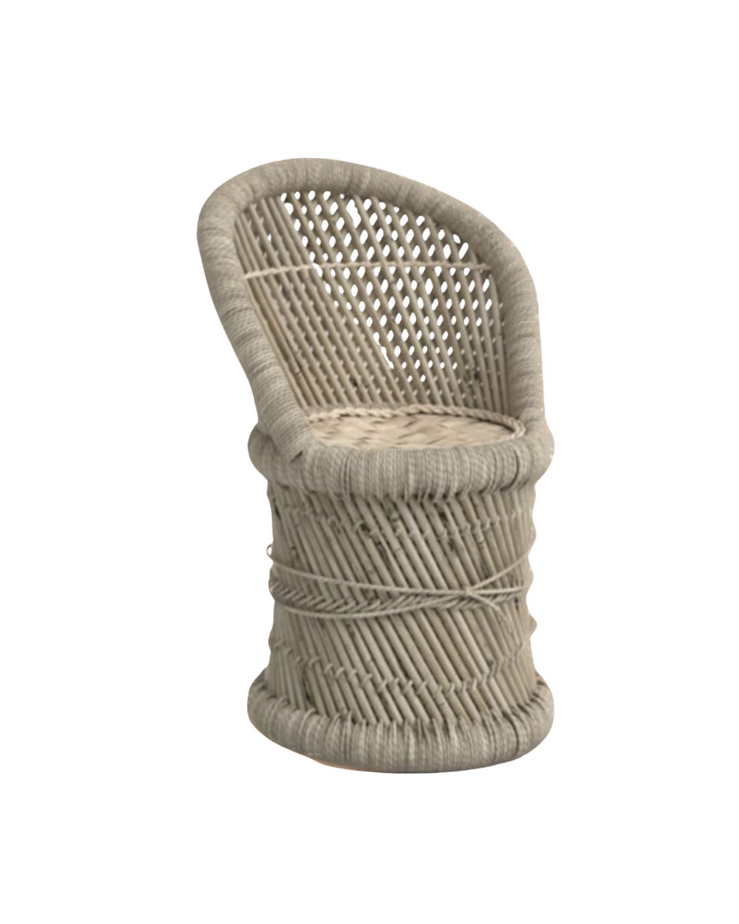 A tall, beige wicker chair with a curved backrest and open weave design.