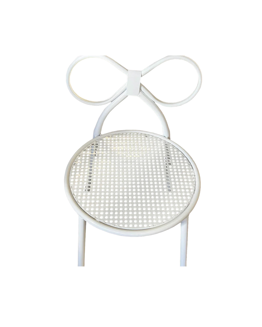 White chair with a rounded seat and a bow-shaped backrest, featuring a headband-like top attached to the backrest with two thin rods.