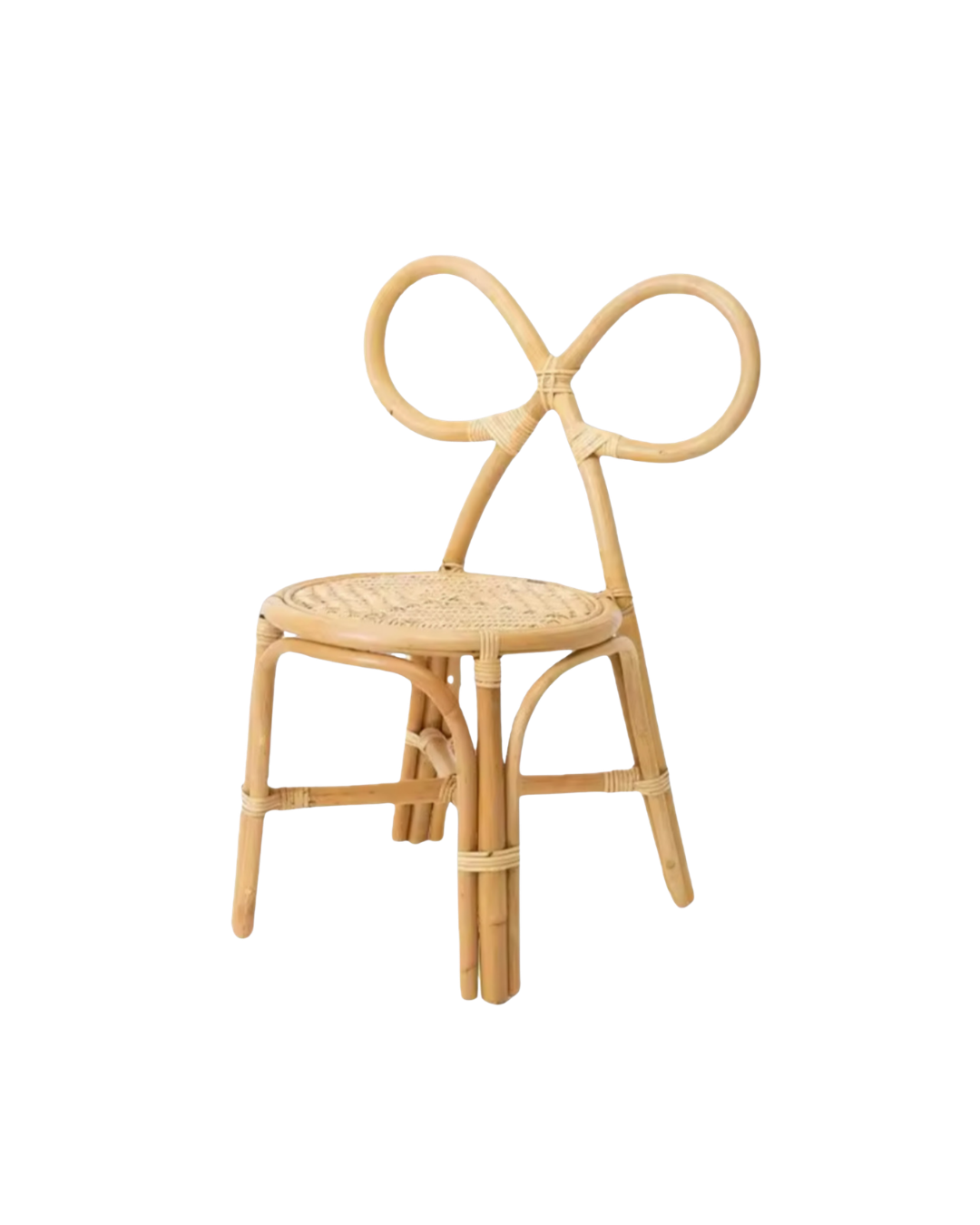 Beige rattan chair with a round woven seat and a bow-shaped backrest.