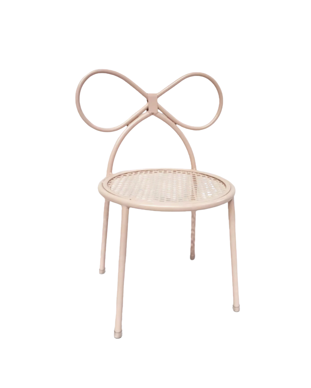 Pink chair with a bow-shaped backrest and a woven seat, isolated on a white background.