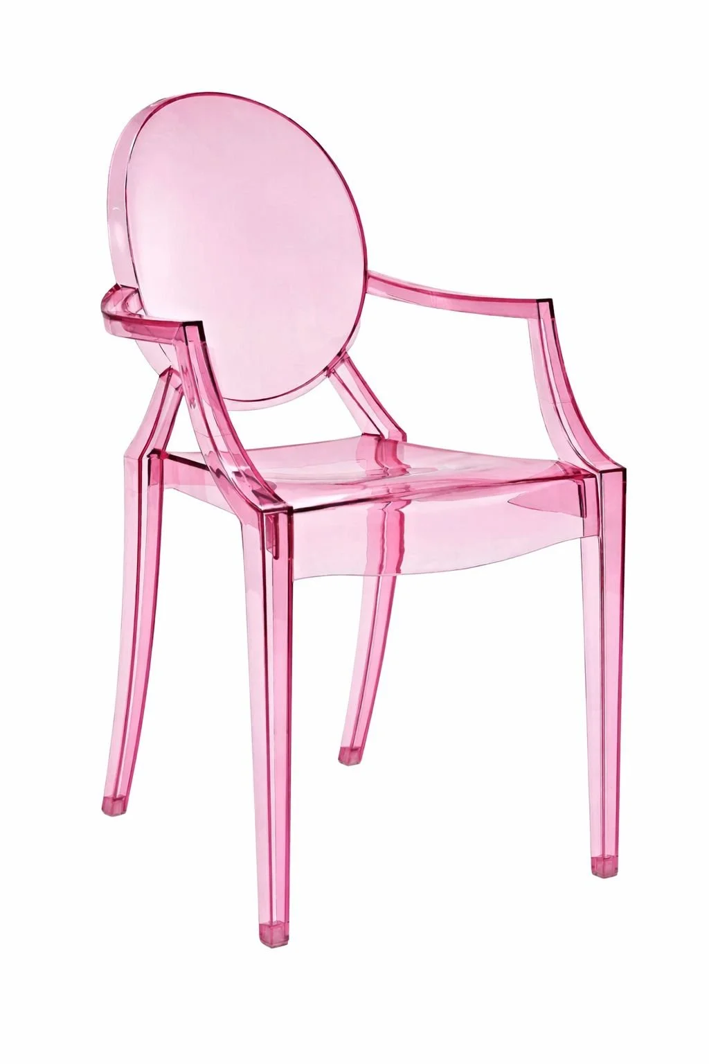 Pink transparent acrylic chair with circular backrest and armrests on a white background.
