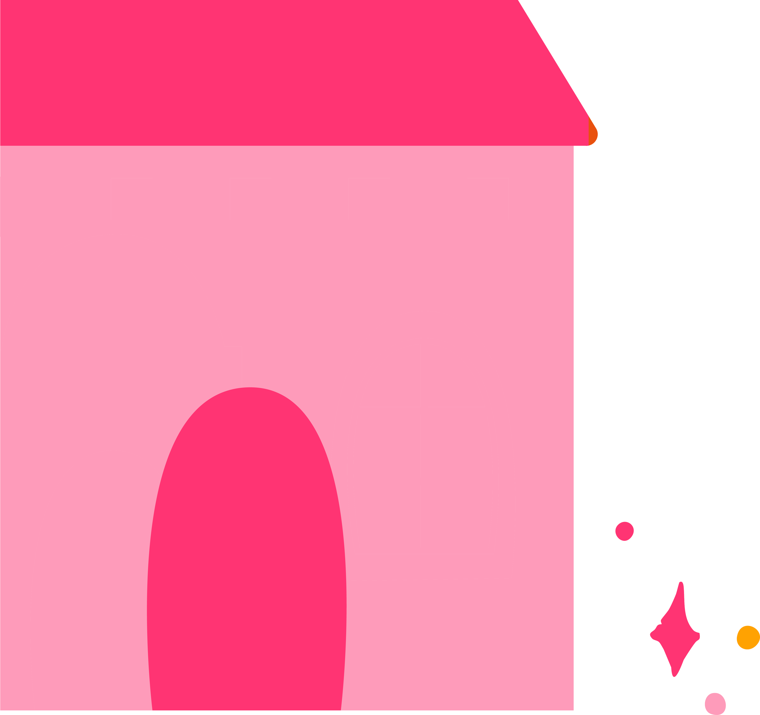 Abstract digital art with pink and black colors, featuring a pink circle at the bottom and various small circles and shapes on the right side.