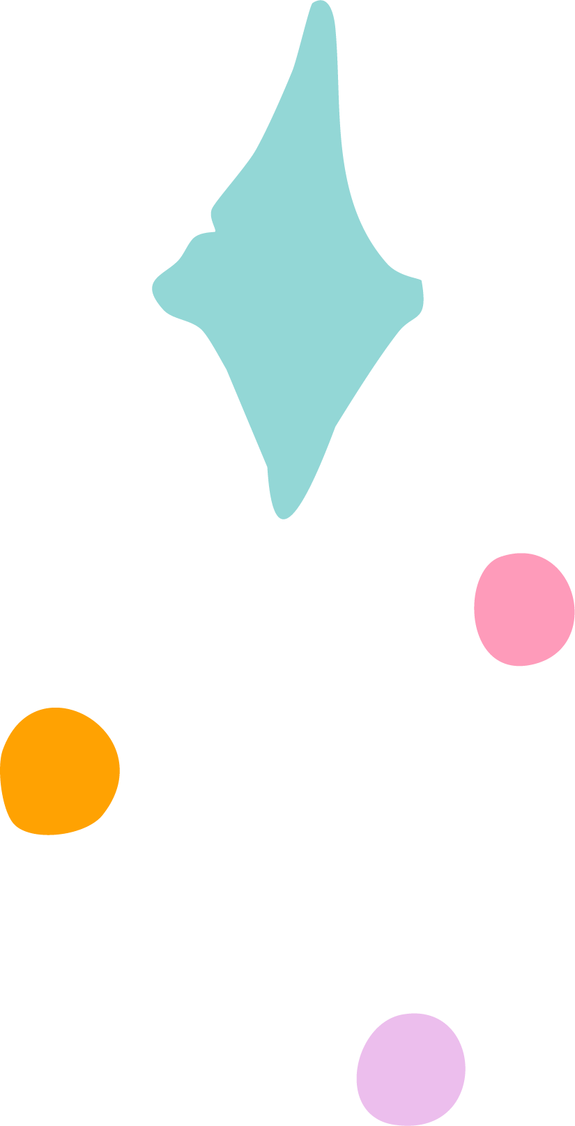 A black background with colorful shapes including a large blue star-like shape, an orange oval, a pink circle, and a purple circle, arranged vertically across the image.