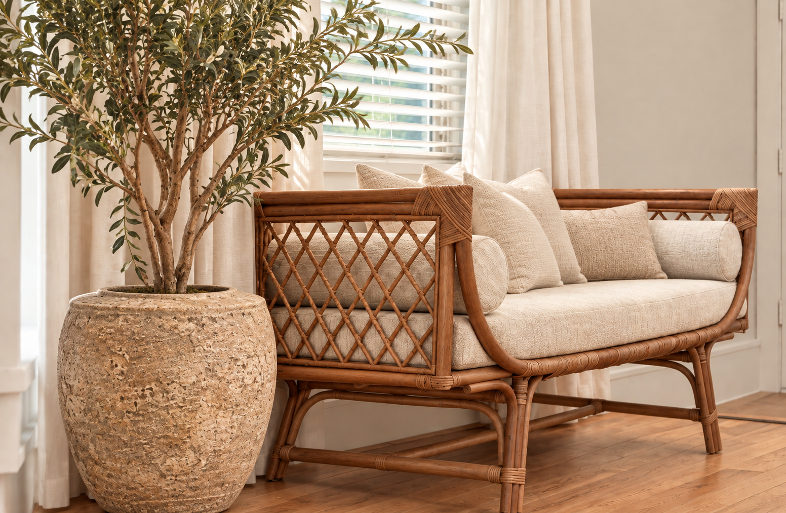 Close view of a rattan lounge chair with cream upholstery beside a textured planter and olive tree.