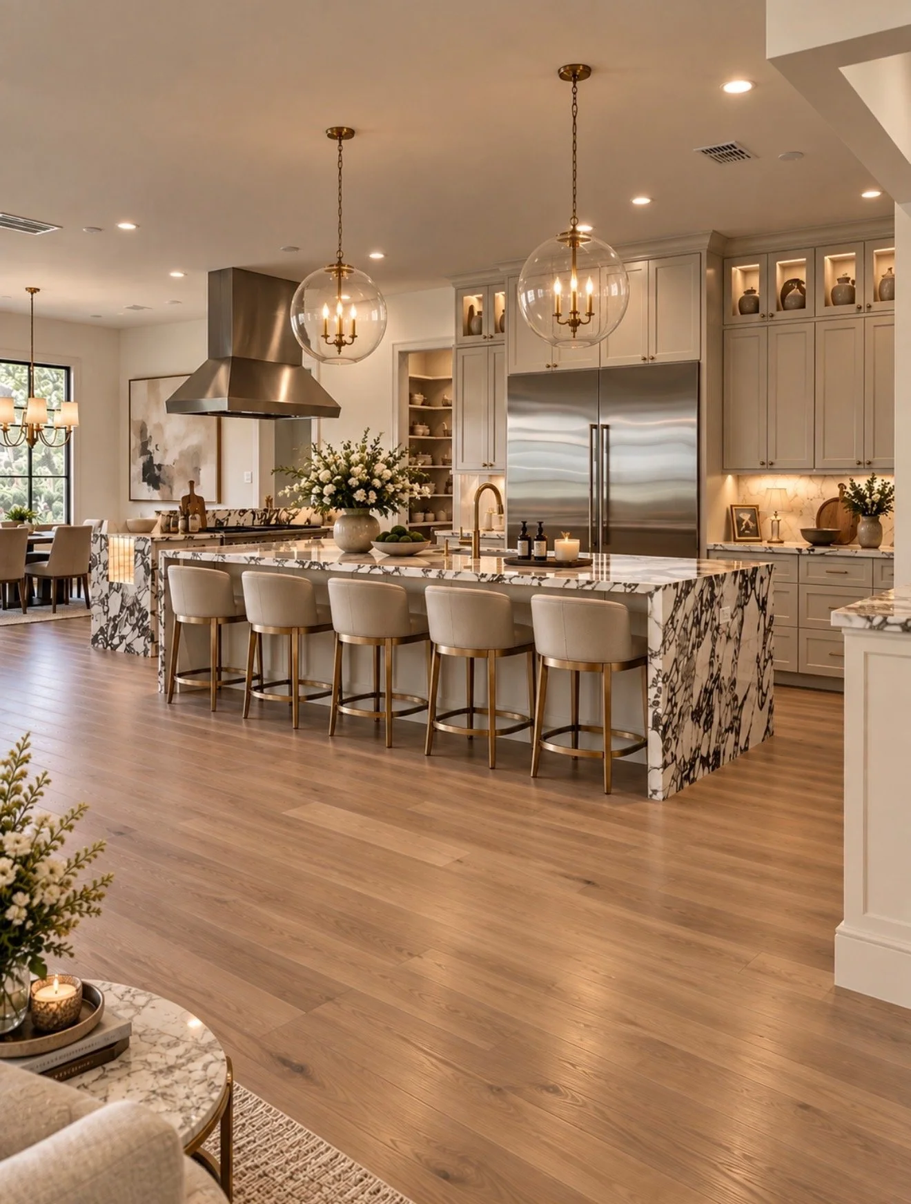 Expansive open kitchen with a long stone island, upholstered seating, warm wood cabinetry, pendant lighting and adjoining living spaces.