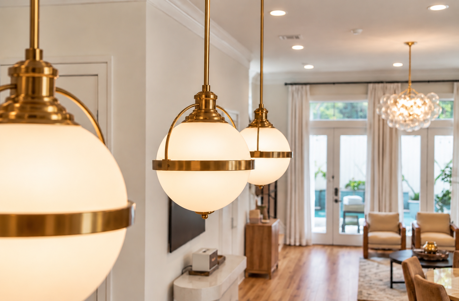 Three brass and opaline glass pendant lights illuminating a warm open-plan interior.