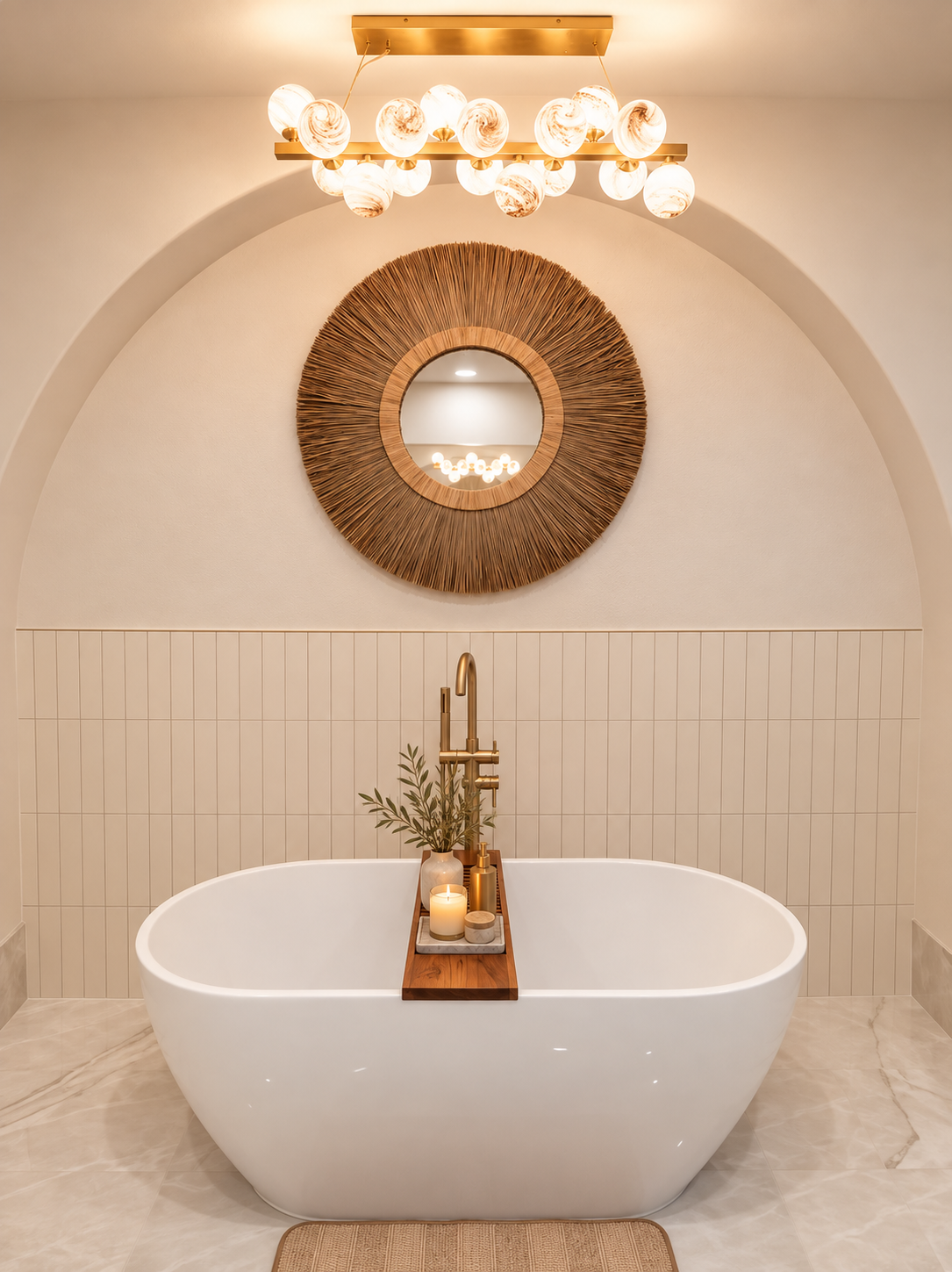 Freestanding white bathtub beneath an arched wall detail with textured round mirror and warm brass fixtures