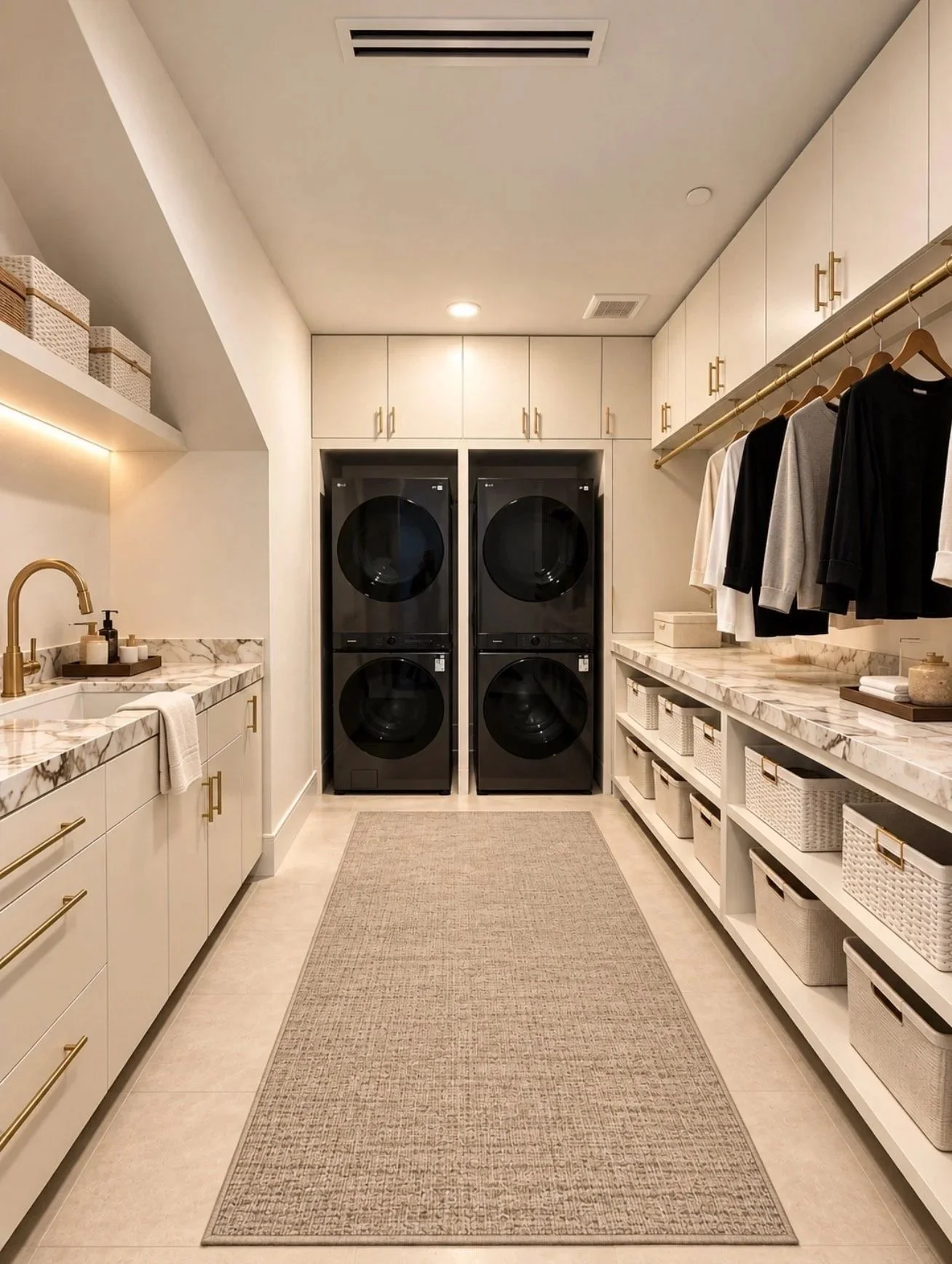 Walk-in dressing room with extensive built-in storage, open wardrobe cabinetry, long runner and laundry washing machines. 