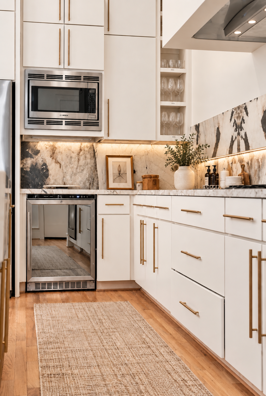 White kitchen with dramatic veined stone backsplash, brass hardware and integrated stainless steel appliances.