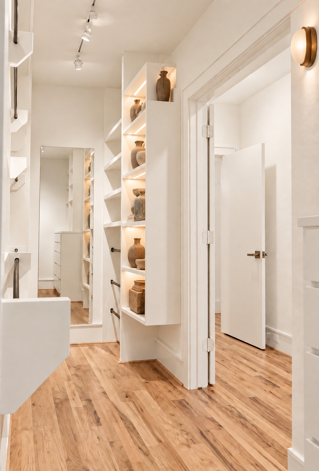 Bright dressing passage with white built-in shelving, natural wood flooring and integrated display storage.