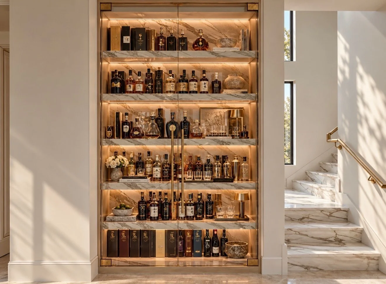 Floor-to-ceiling illuminated spirits display with warm integrated lighting and neatly arranged bottles.