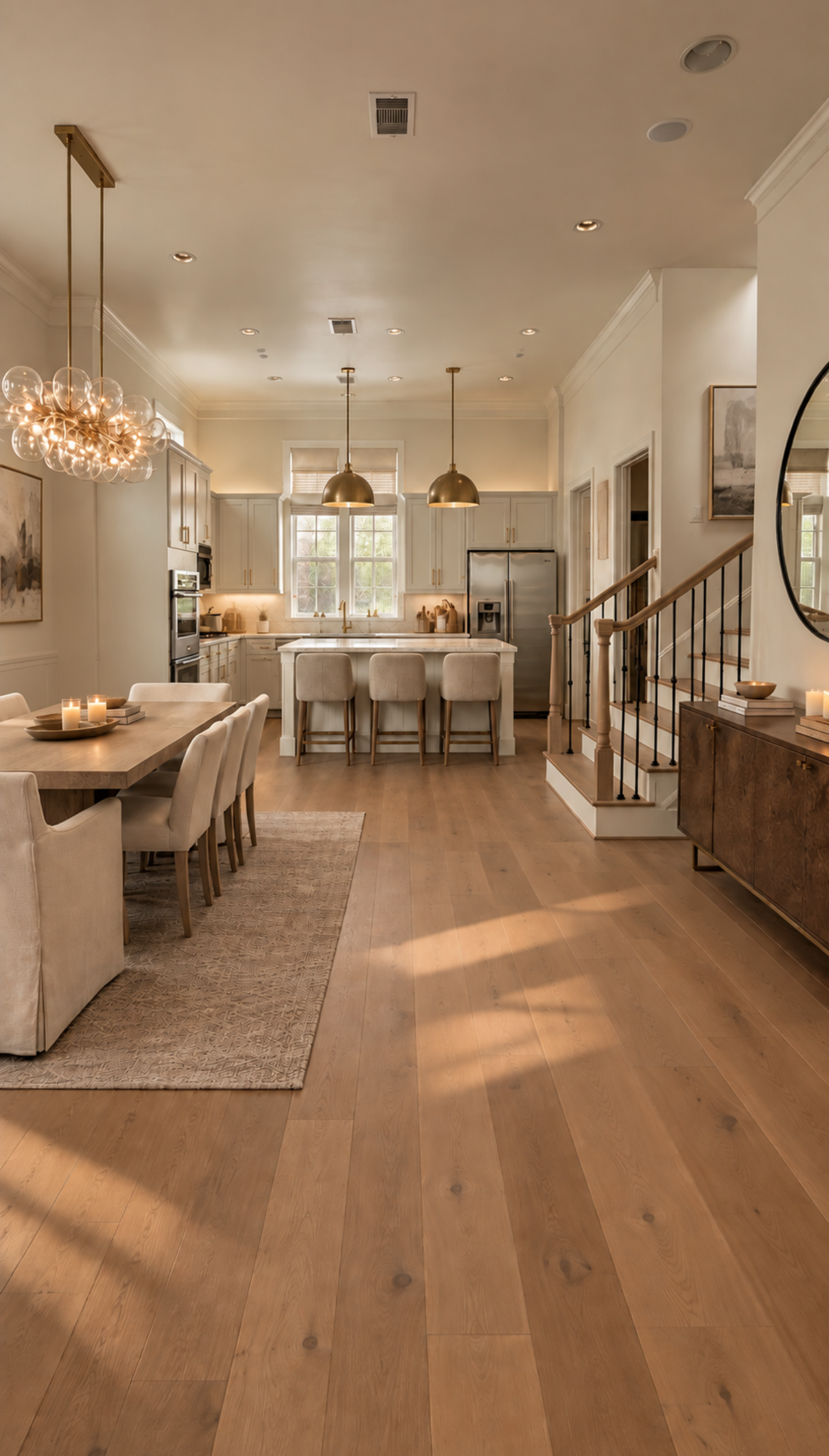 Open kitchen and dining space with warm wood flooring, upholstered seating, pendant lighting and central island.
