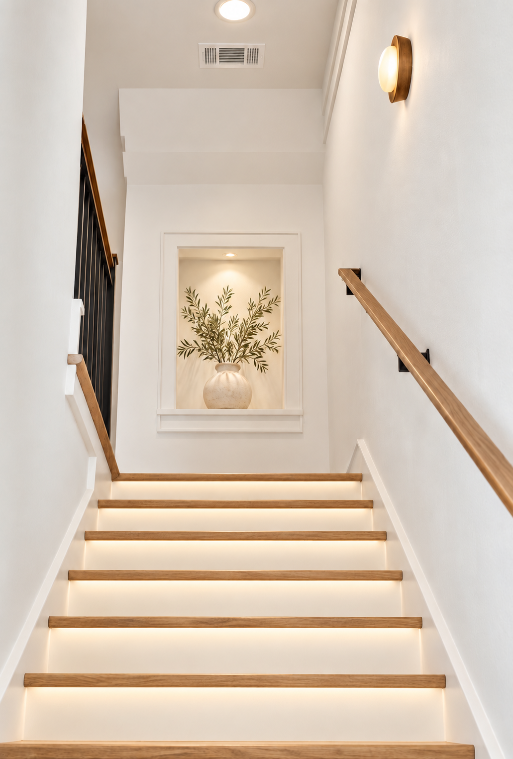Bright stair landing with natural wood treads, black railing and recessed botanical artwork.